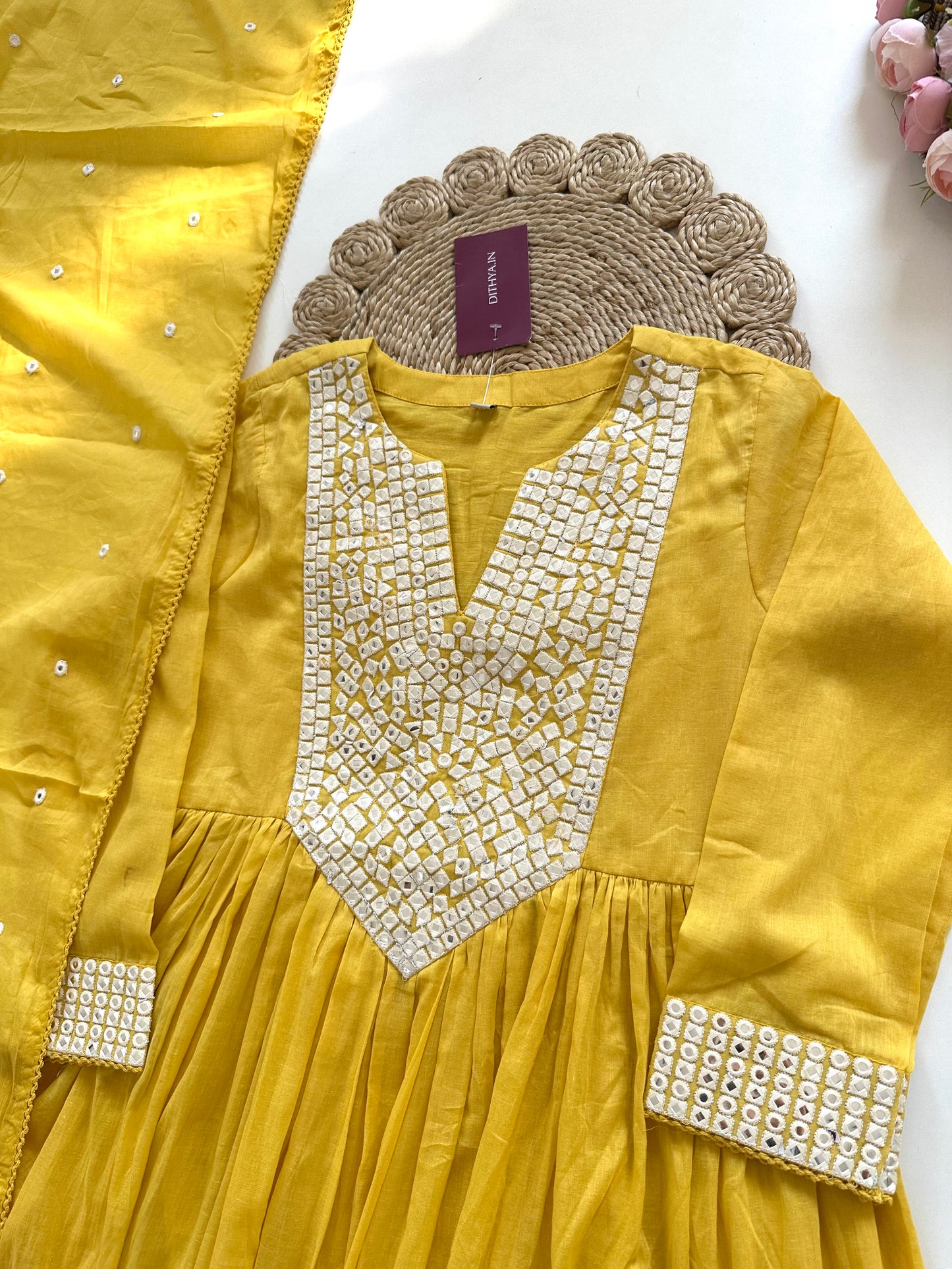 K116 - Mul mul cotton mirror work Anarkali with pants and dupatta in 2 colours