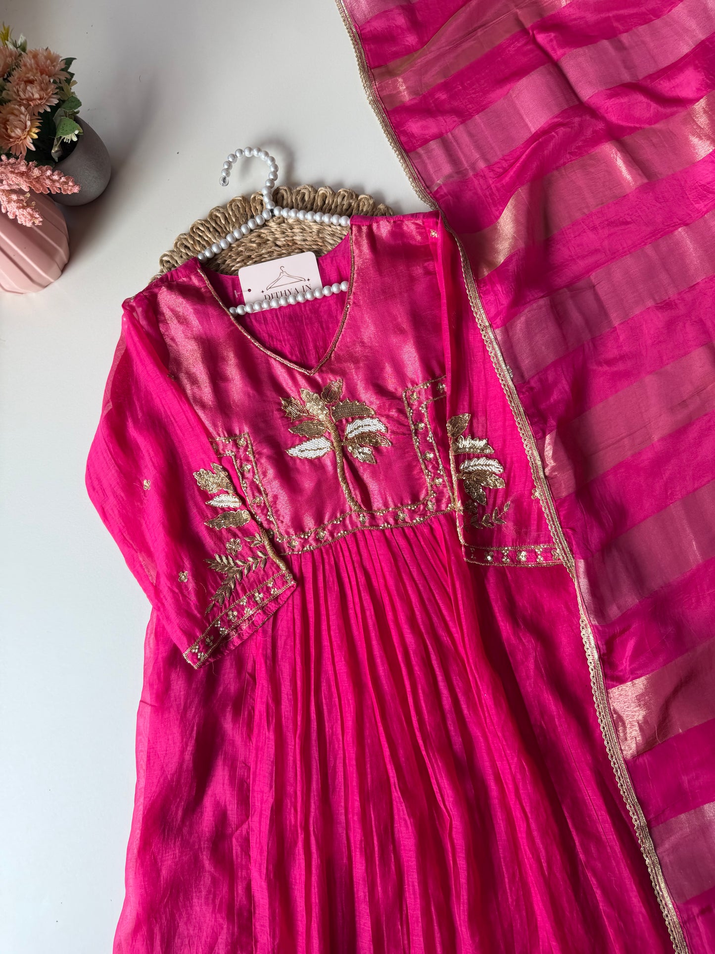 K545 - Mul chanderi handwork Anarkali with pants and dupatta