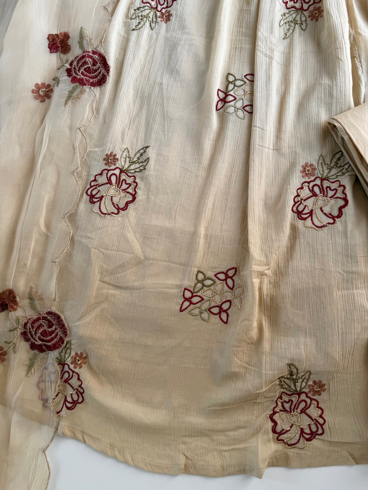 K445 - Crushed cotton embroidered Anarkali with pants and dupatta