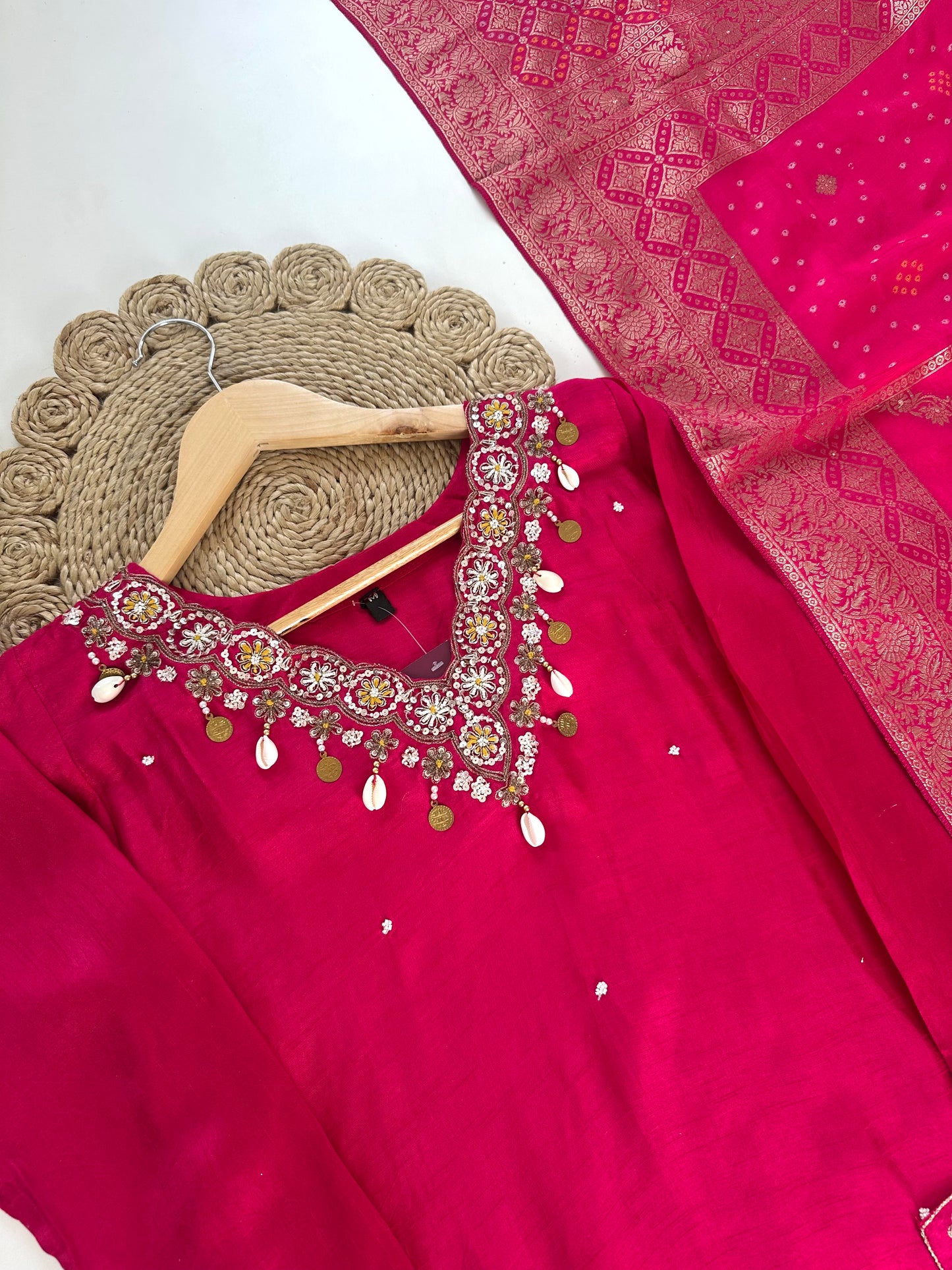 K241 - Russian silk handwork Straight kurti with pants and Banarasi silk dupatta .
