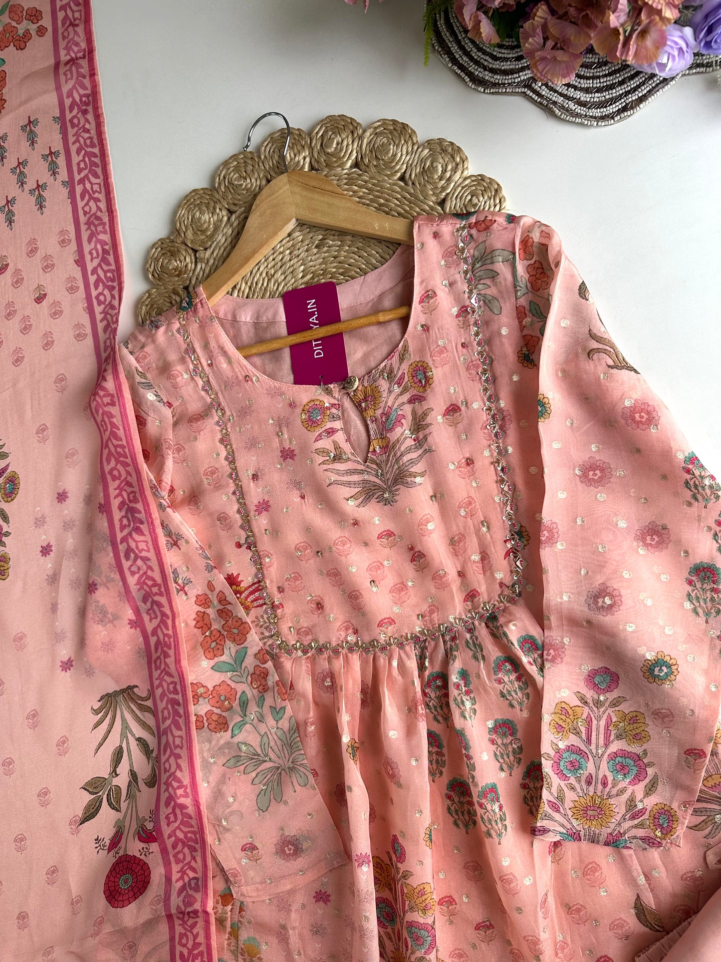 K424 - Viscose organza floral Anarkali with pants and dupatta