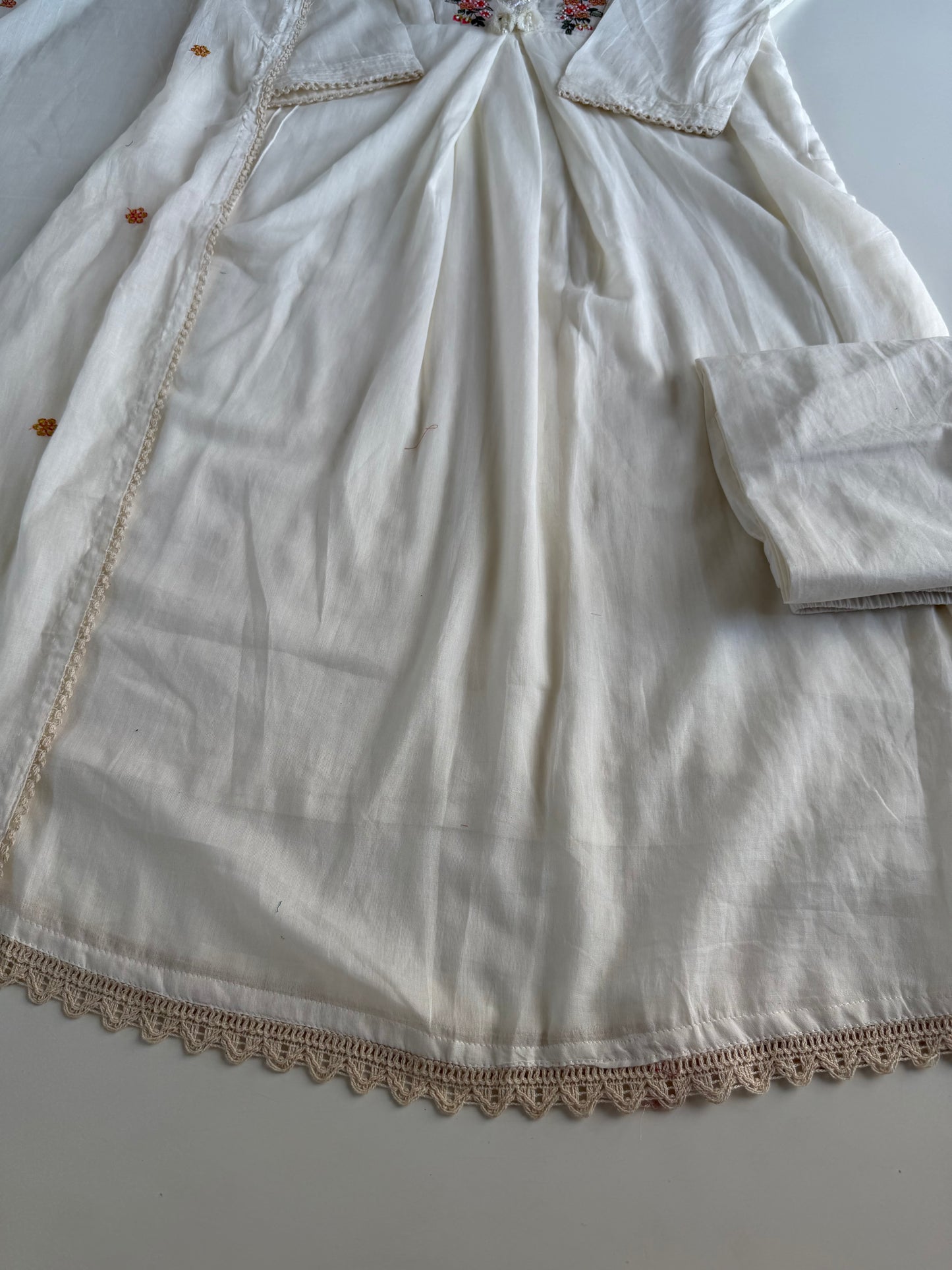 K629 - Mul cotton embroidered Aline Kurti with pants and dupatta