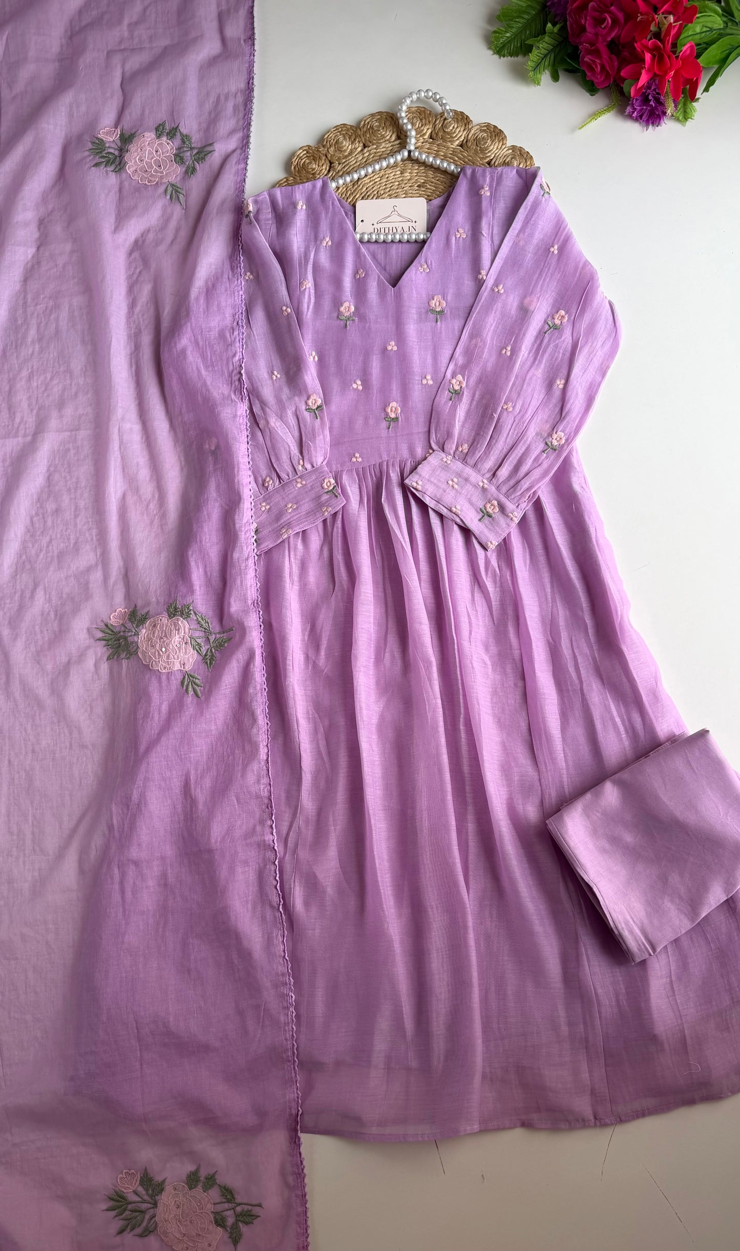 K143 - Mul chanderi embroidered Anarkali with pants and dupatta