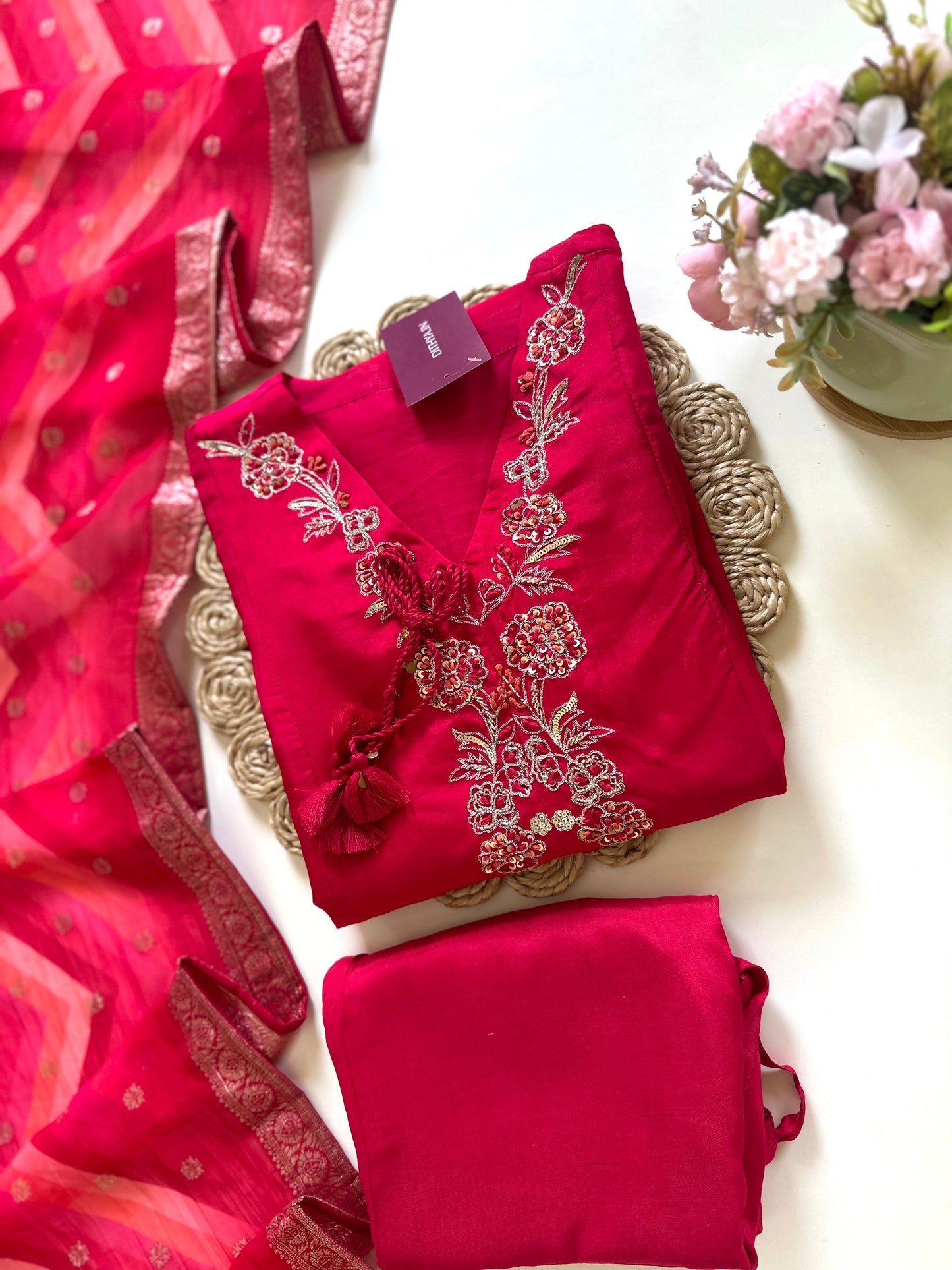 K017 - Russian silk handwork Aline Kurti with pants and dupatta