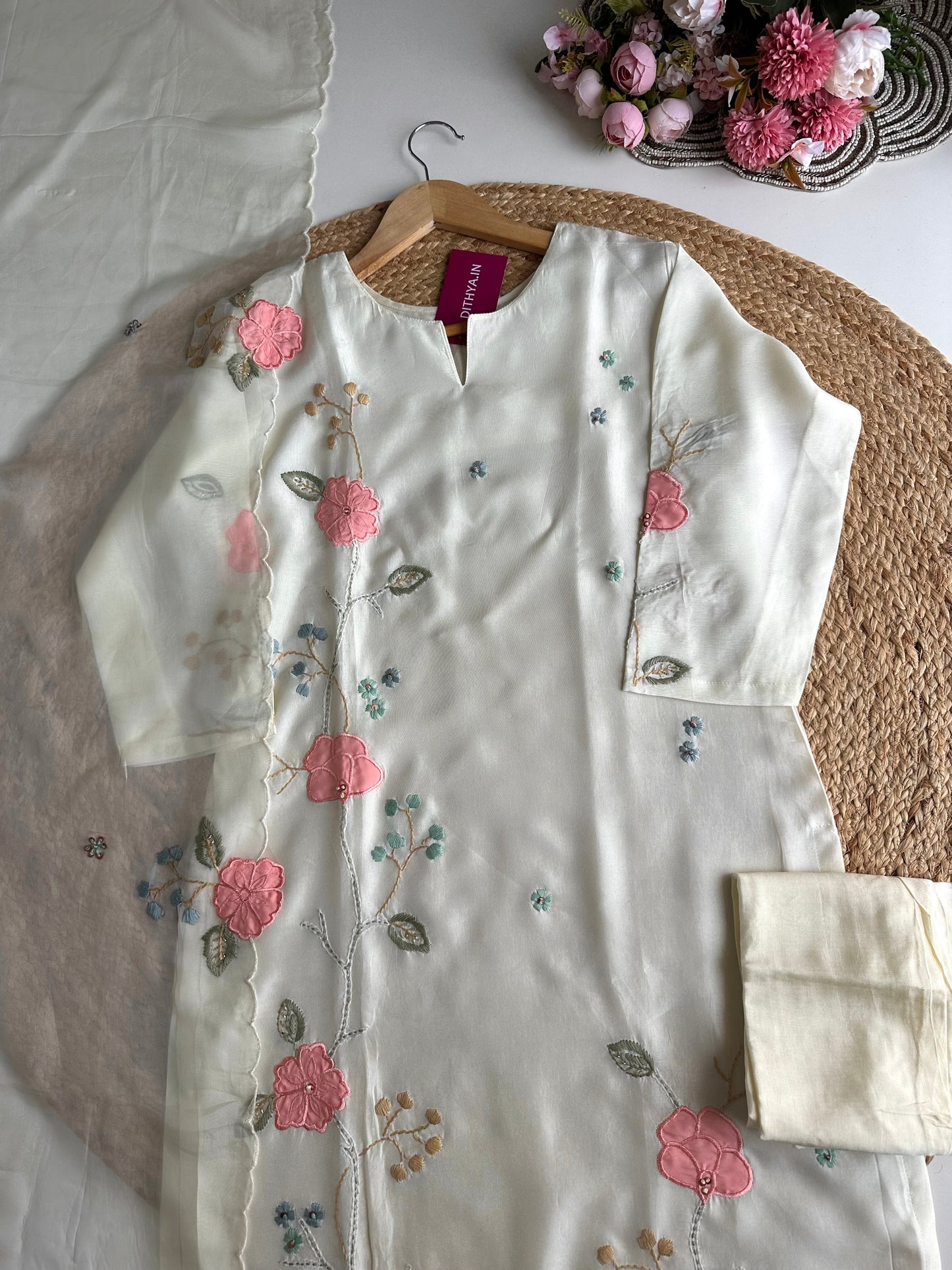 K139 - Russian silk Appliqué work straight Kurti with pants and dupatta