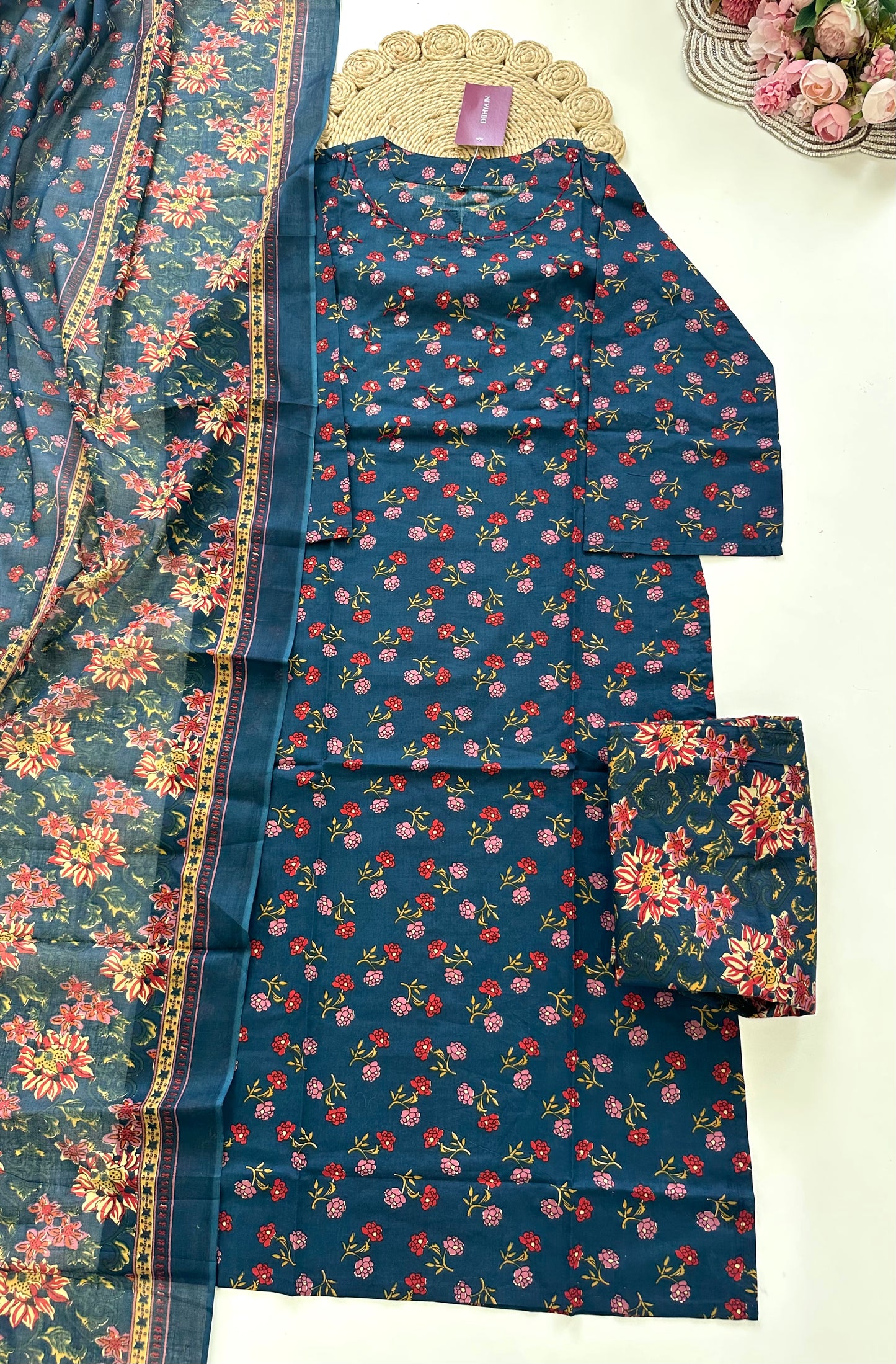 K216 - Cotton Straight kurti with pants and dupatta.