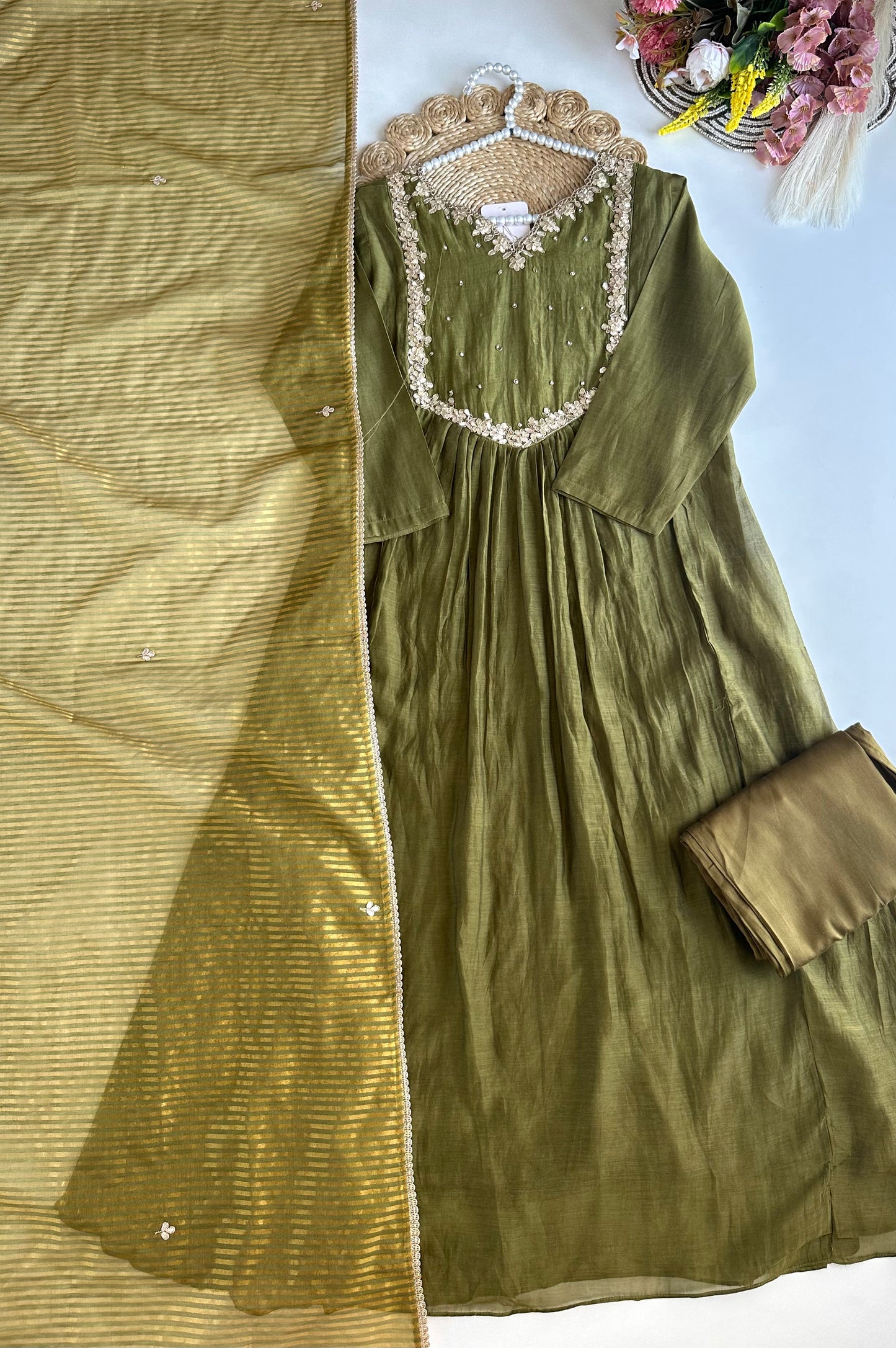 K252 - Mul Chanderi Handwork Anarkali with pants and dupatta