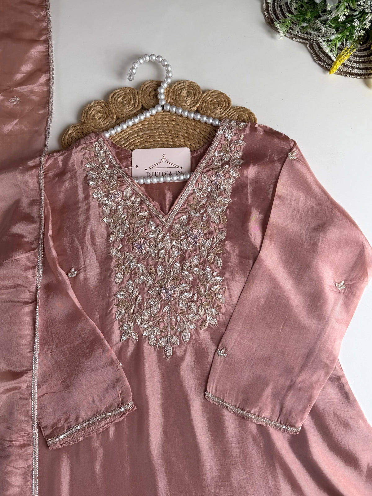 K597 - HO silk handwork Aline Kurti with pants and dupatta