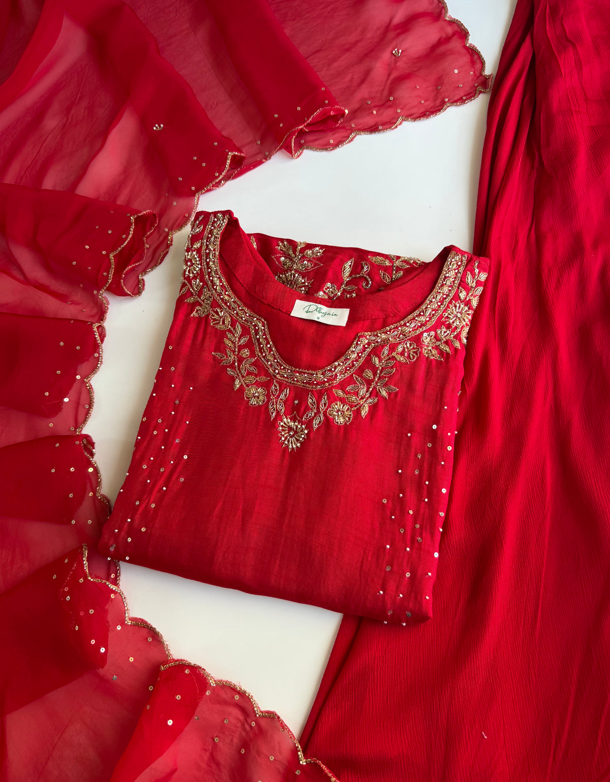 K195 - Russian silk handwork short Kurti with divider pants and dupatta