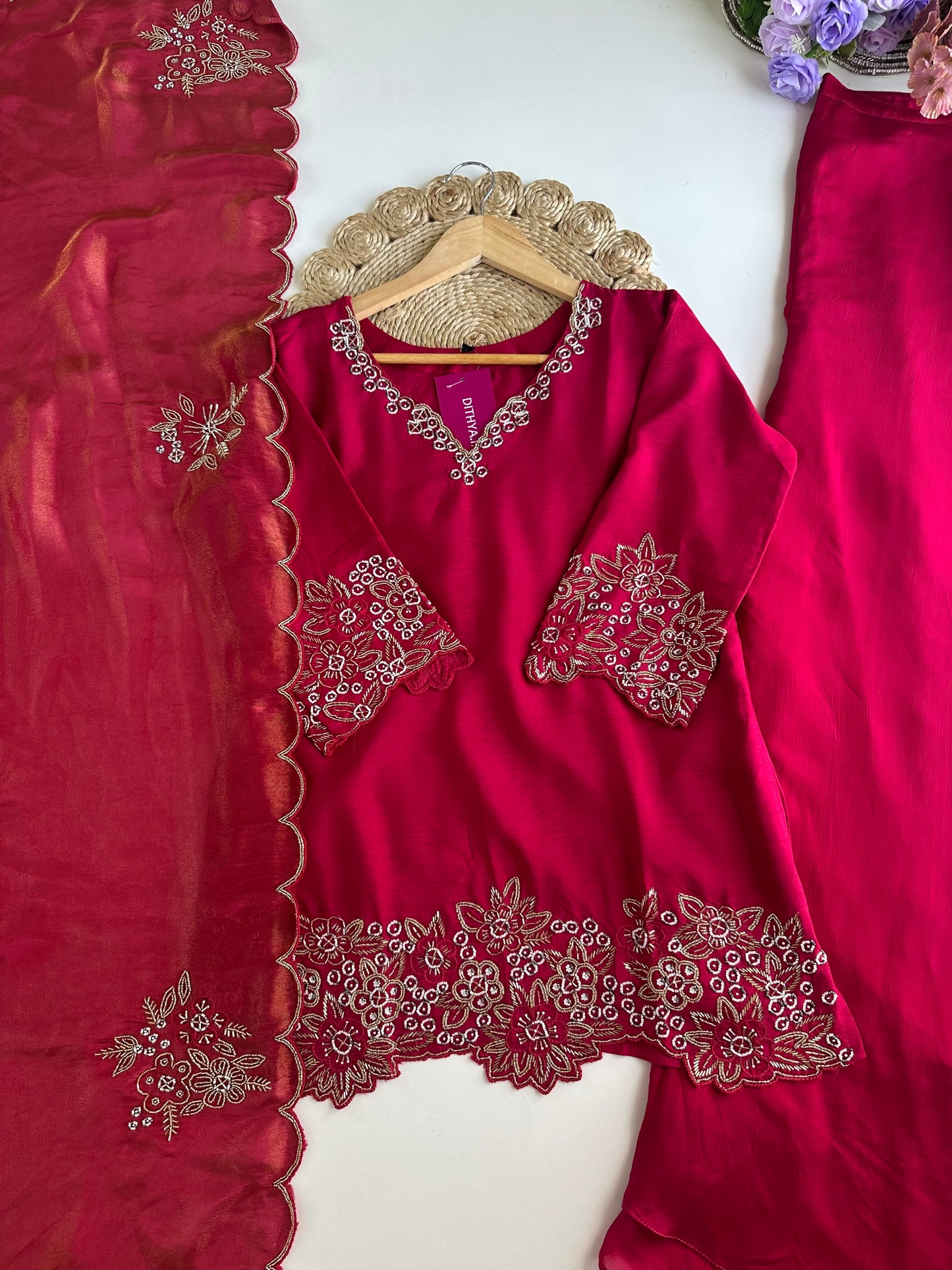 K342 - Russian silk handwork short Kurti with palazzo and silk dupatta