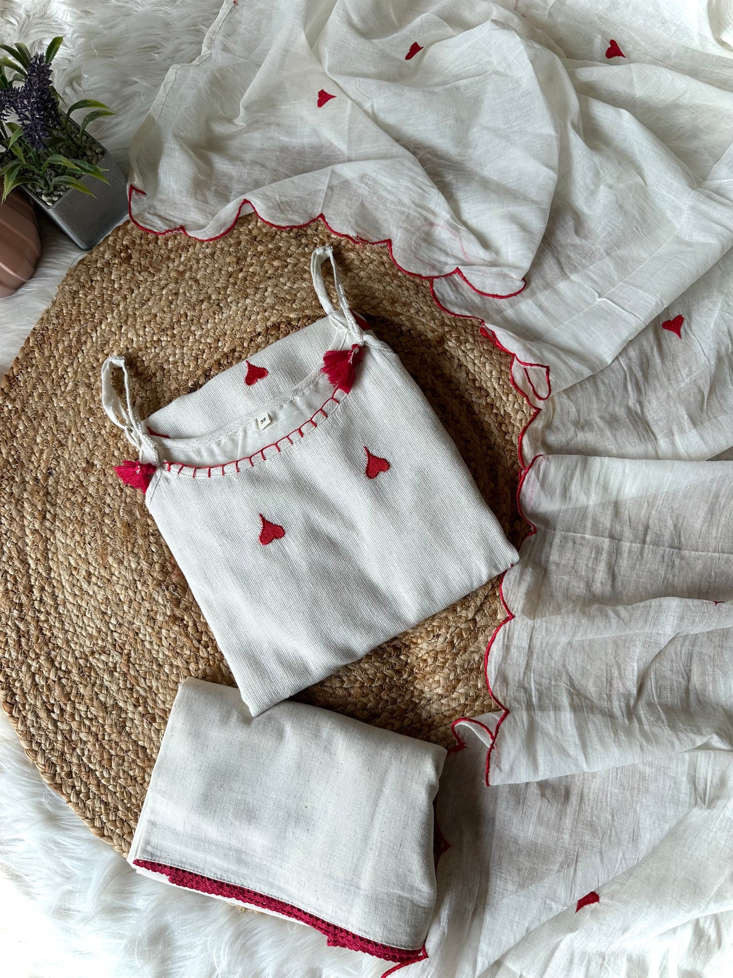 K206 - Slub cotton heart embroidered strap Kurti with pants and dupatta