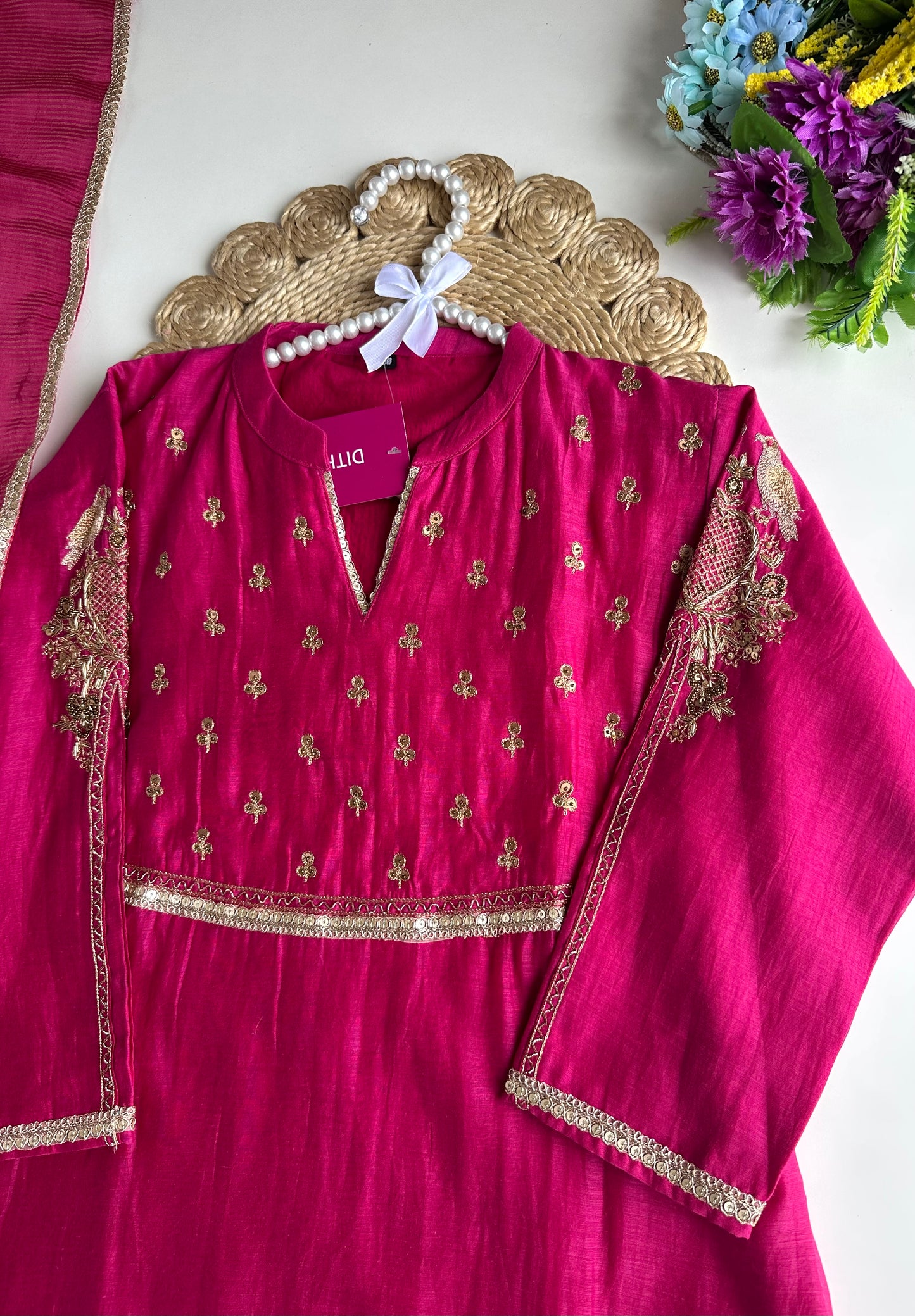 K013 - Mul Chanderi handwork Aline Kurti with pants and dupatta