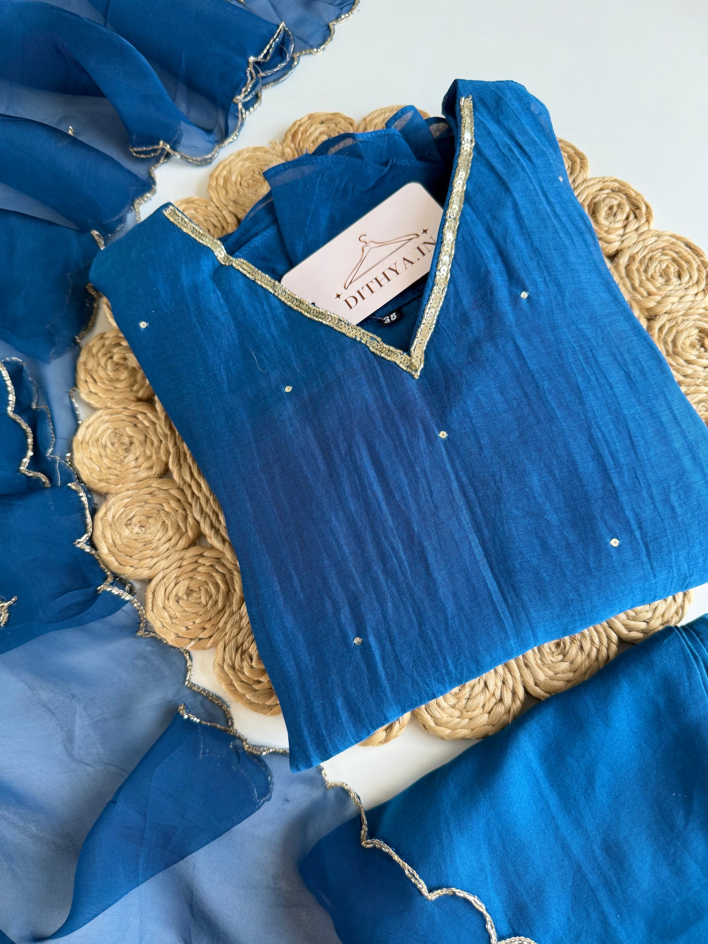 K529 - Mul chanderi handwork Aline Kurti with pants and dupatta in 2 colours