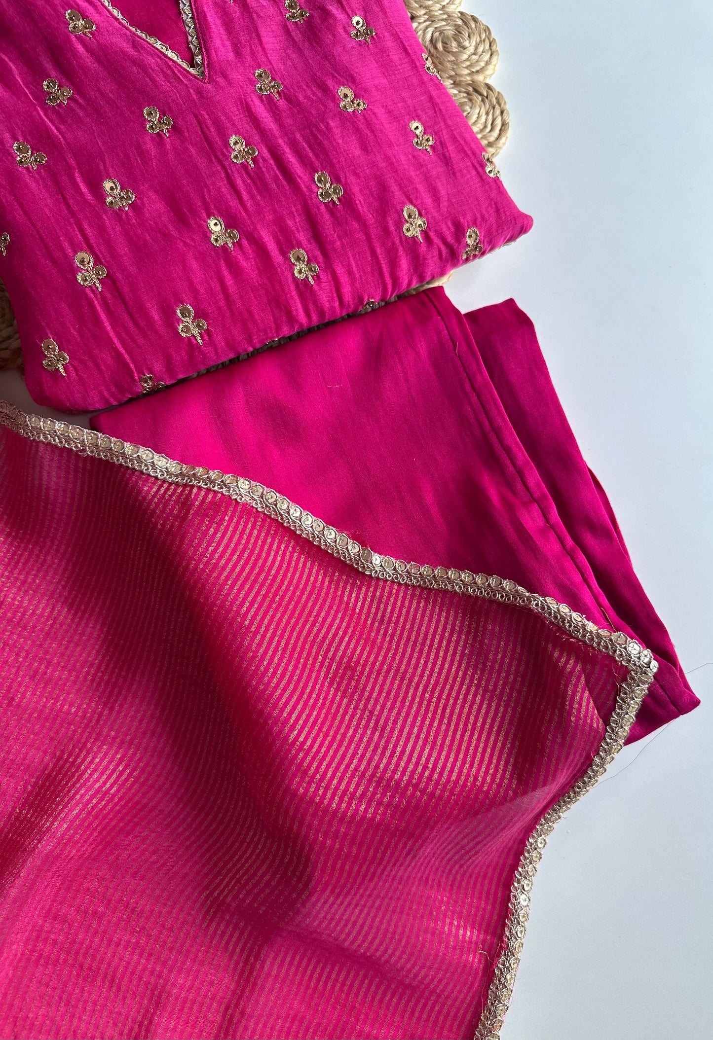 K013 - Mul Chanderi handwork Aline Kurti with pants and dupatta