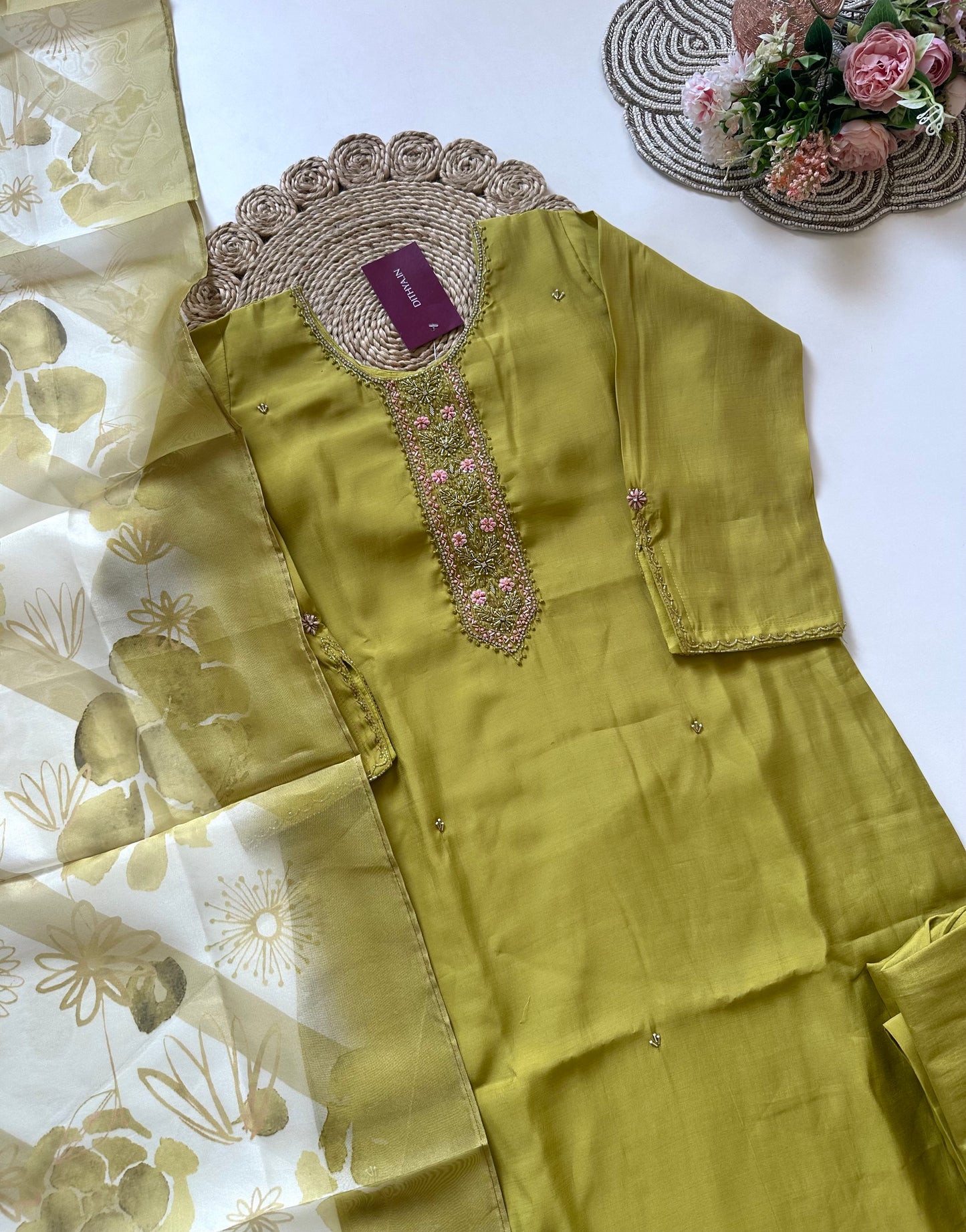 K198 - Roman silk handwork straight kurti with pants and dupatta in 2 colours.