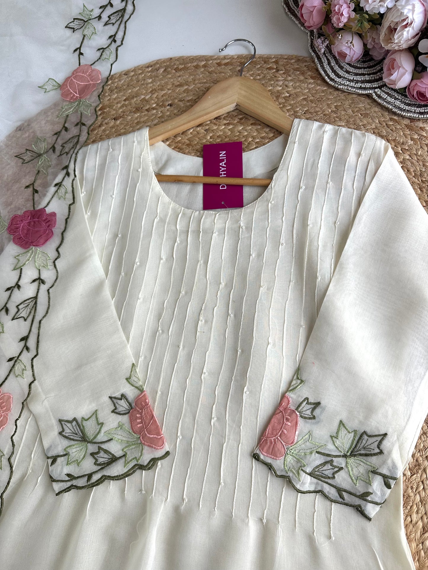 K291 - Mul Chanderi appliqué work Aline Kurti with pants and dupatta