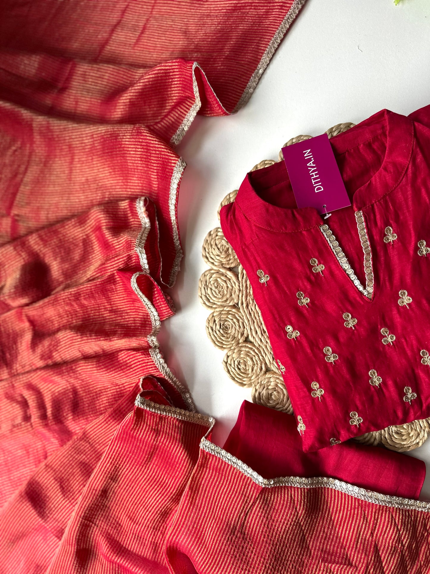 K013 - Mul Chanderi handwork Aline Kurti with pants and dupatta