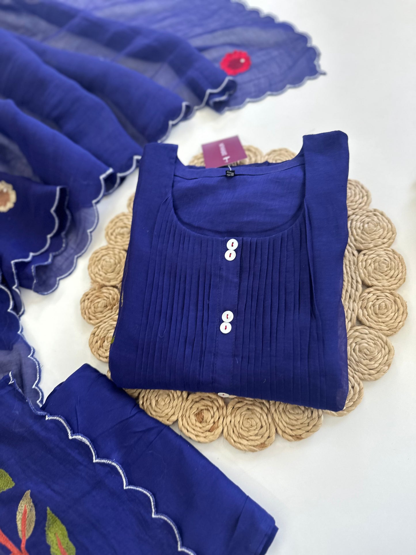 K308 - Mul Chanderi hand embroidered Aline Kurti with pants and dupatta in 2 colours .