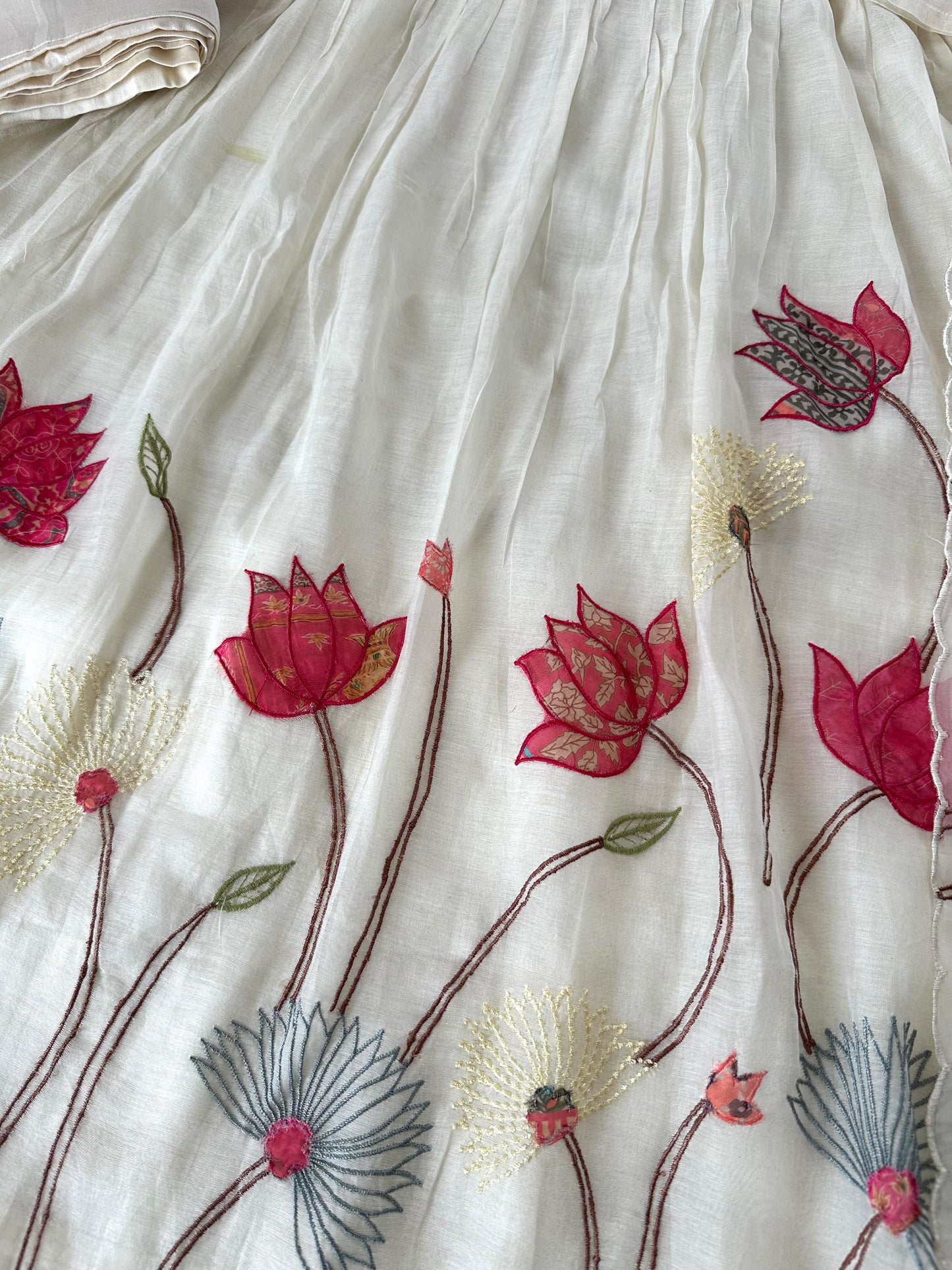 K304 - Mul Chanderi appliqué work Aline Kurti with pants and dupatta in 2 colours