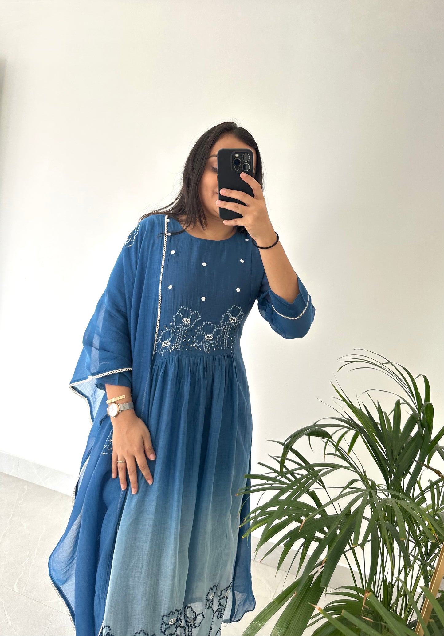 K226 - Mul Chanderi embroidered Aline Kurti with pants and dupatta