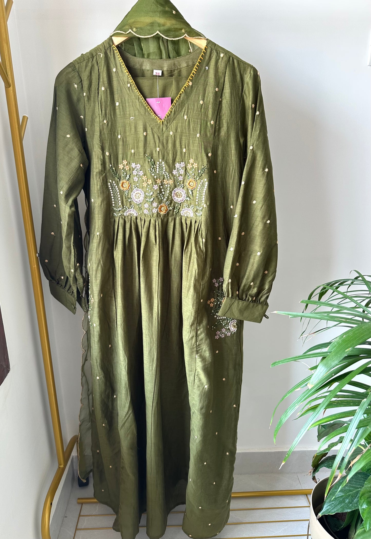 K178 - Mul Chanderi handwork Aline Kurti with pants and dupatta