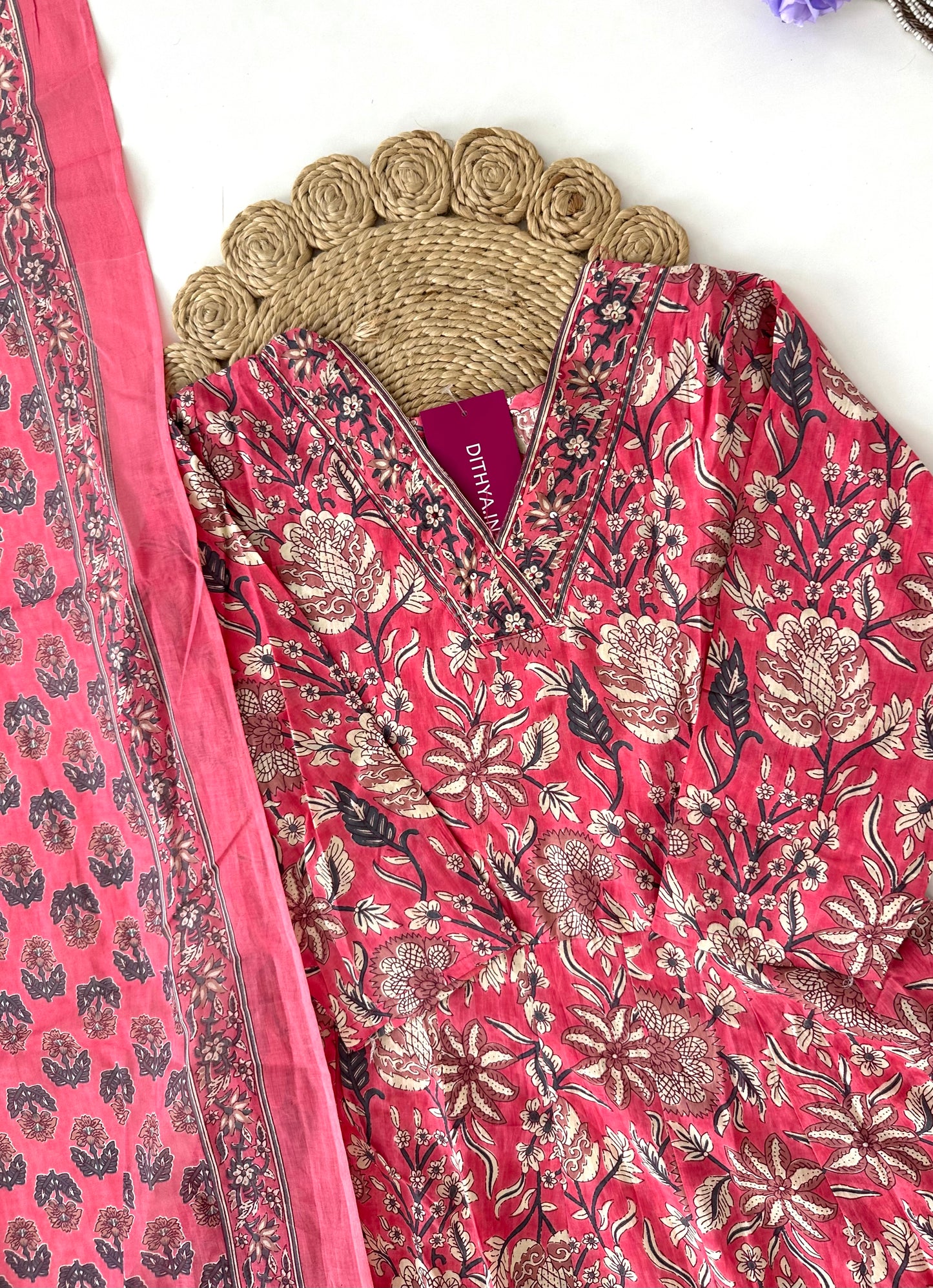 K103 - Cotton floral Anarkali with pants and dupatta