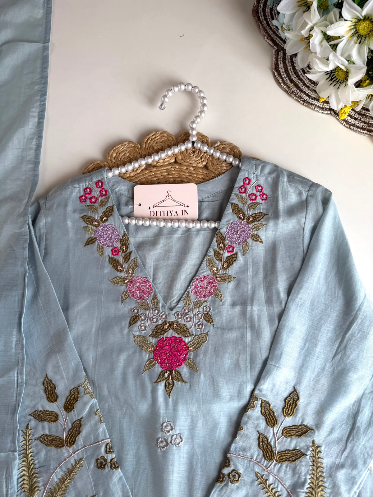 K090 - Mul chanderi appliqué work Anarkali with pants and dupatta