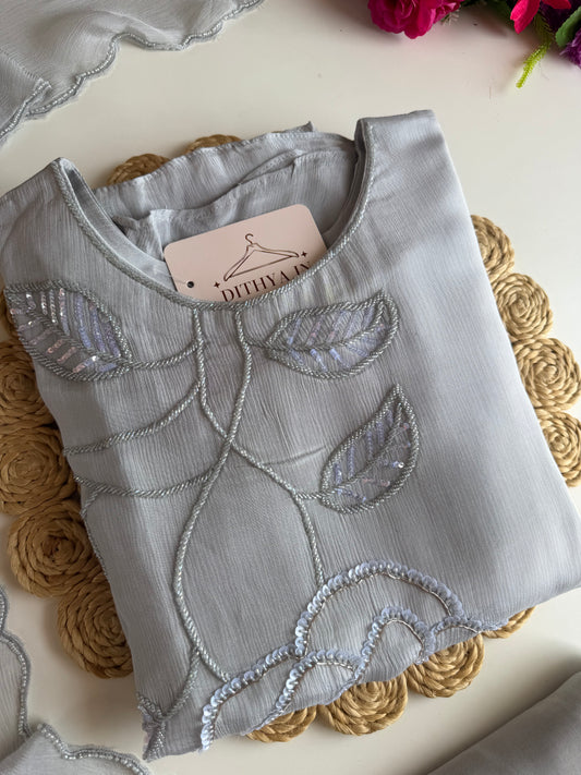 K244 - Pure Chinnon handwork aline Kurti with pants and dupatta