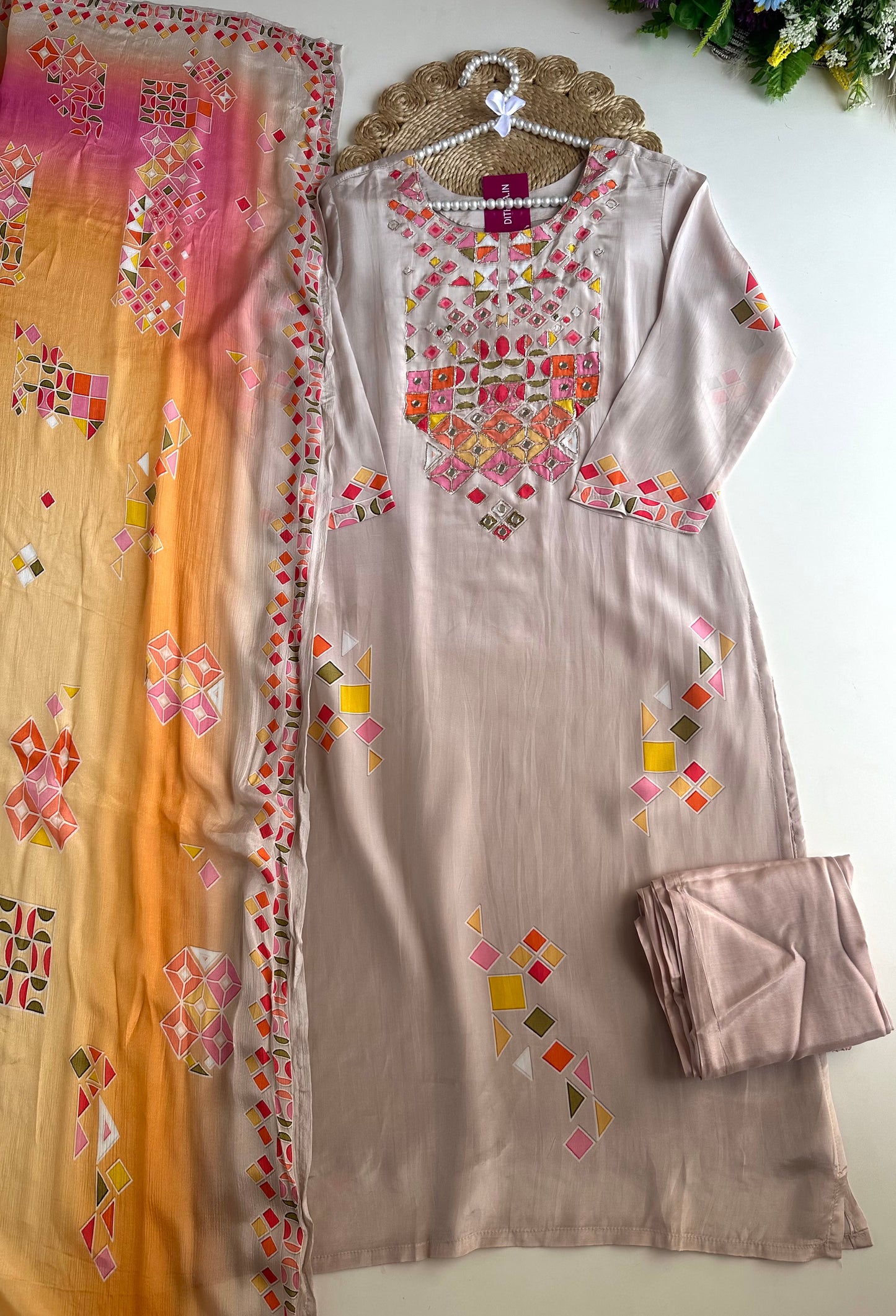 K132 - Pure crape handwork straight Kurti with pants and dupatta