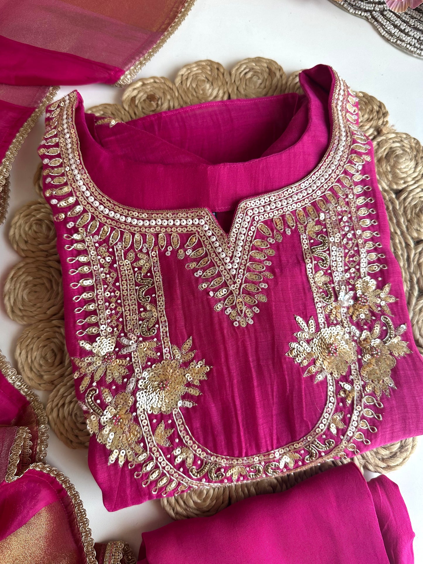 K442 - Mul Chanderi handwork Aline Kurti with pants and dupatta