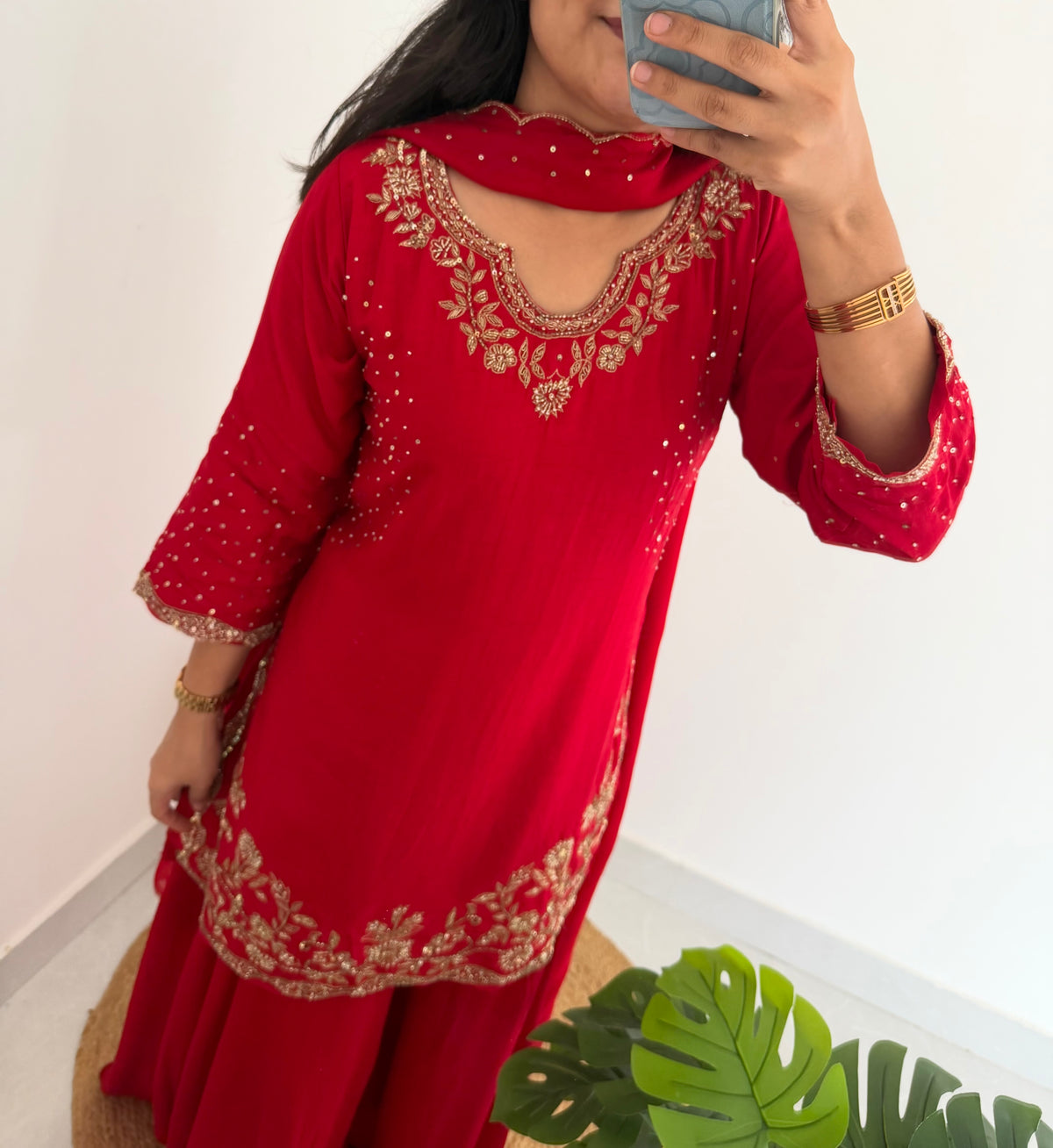 K195 - Russian silk handwork short Kurti with divider pants and dupatta