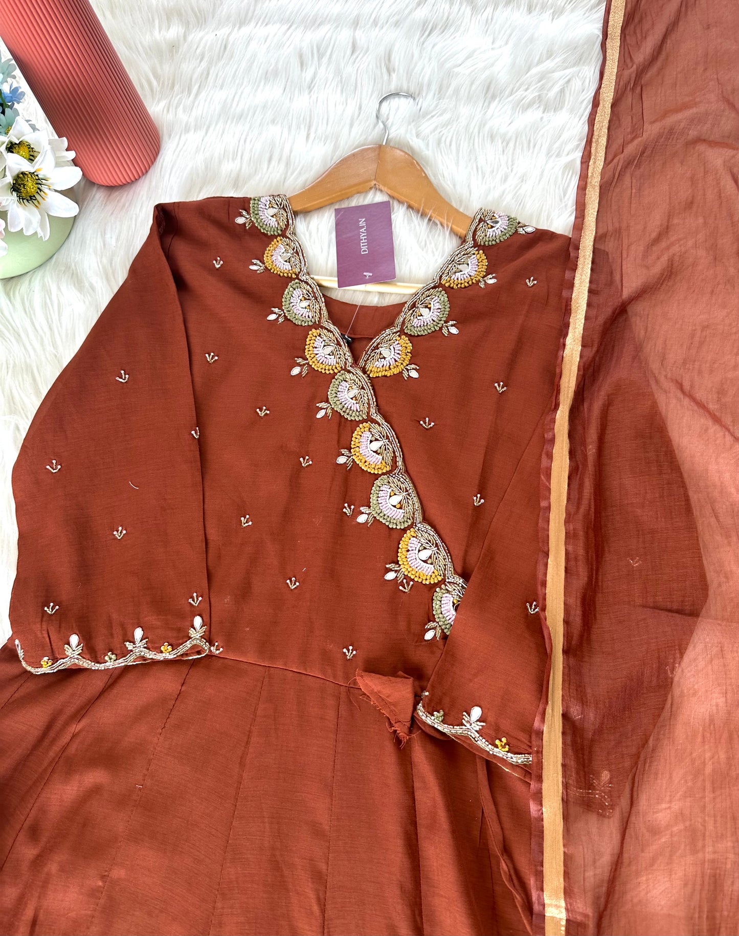 K049 - Mul Chanderi handwork Angrakha Anarkali with pants and dupatta