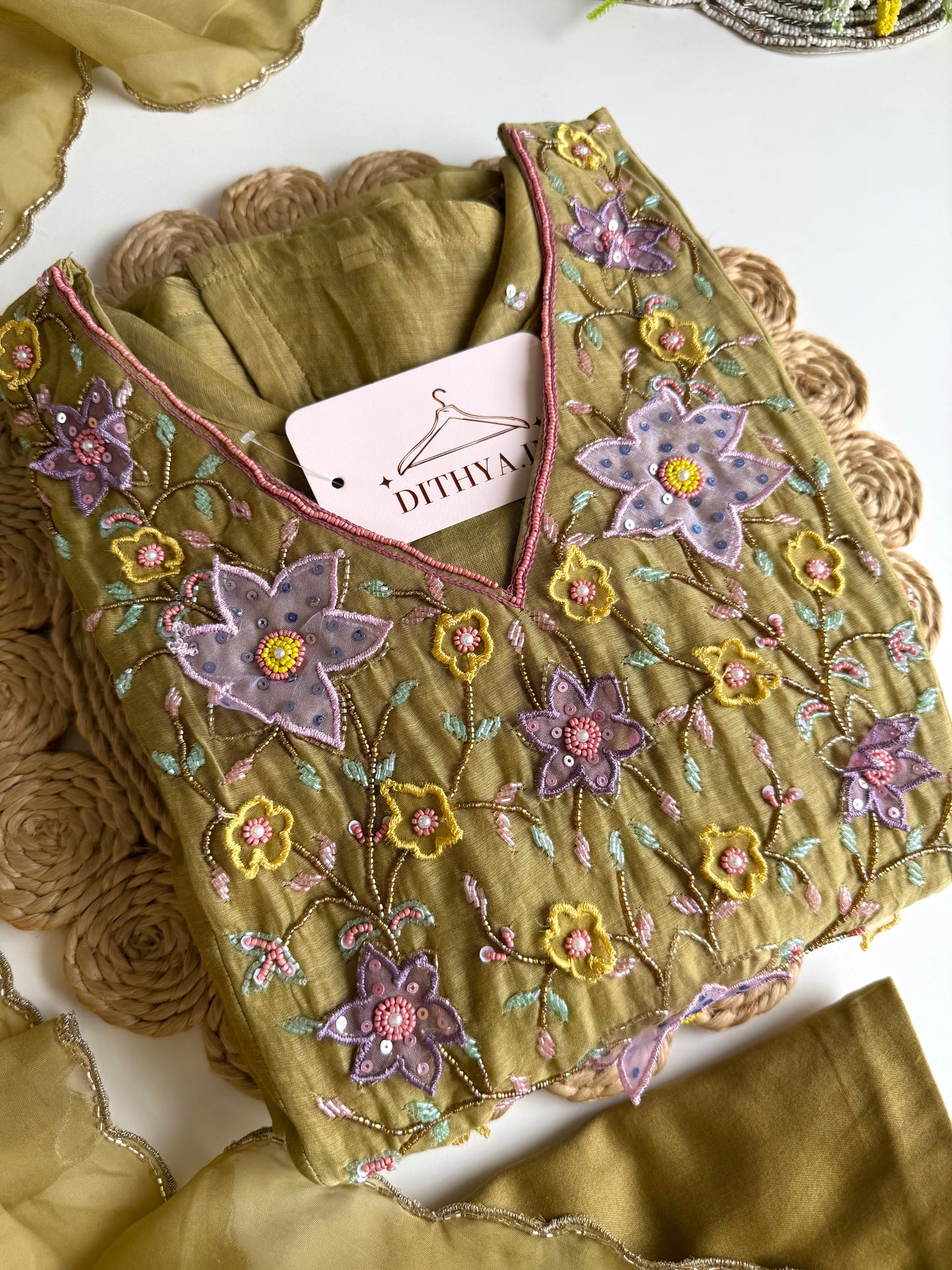 K298 - Mul chanderi 3D handwork Aline Kurti with pants and dupatta