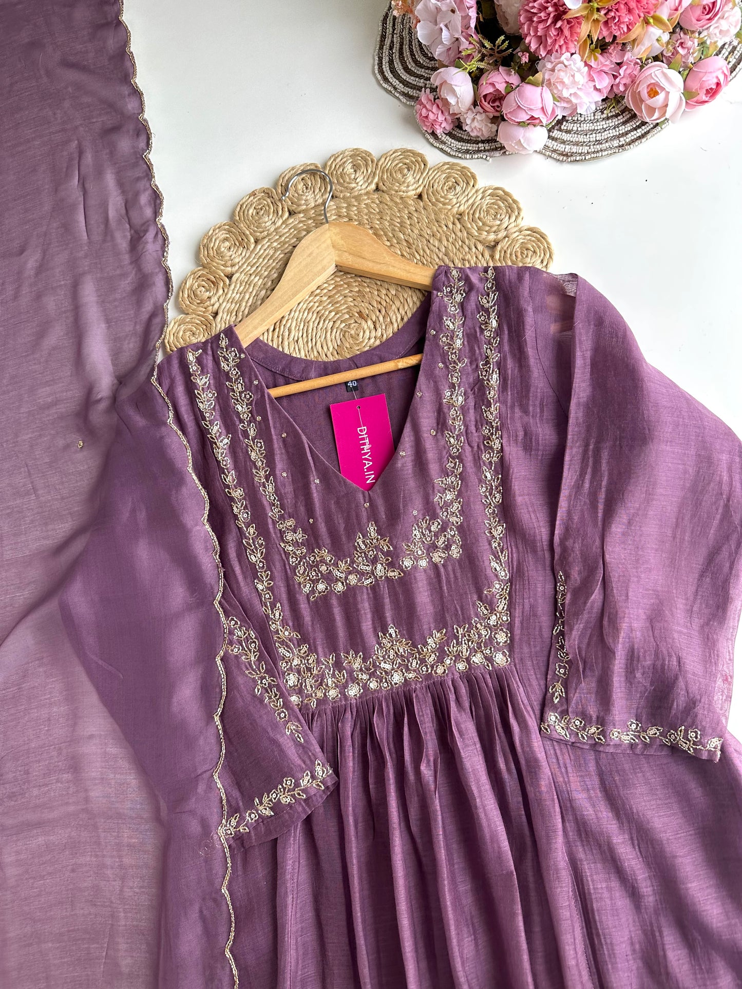 K076 - Mul Chanderi handwork Aline Kurti with pants and dupatta