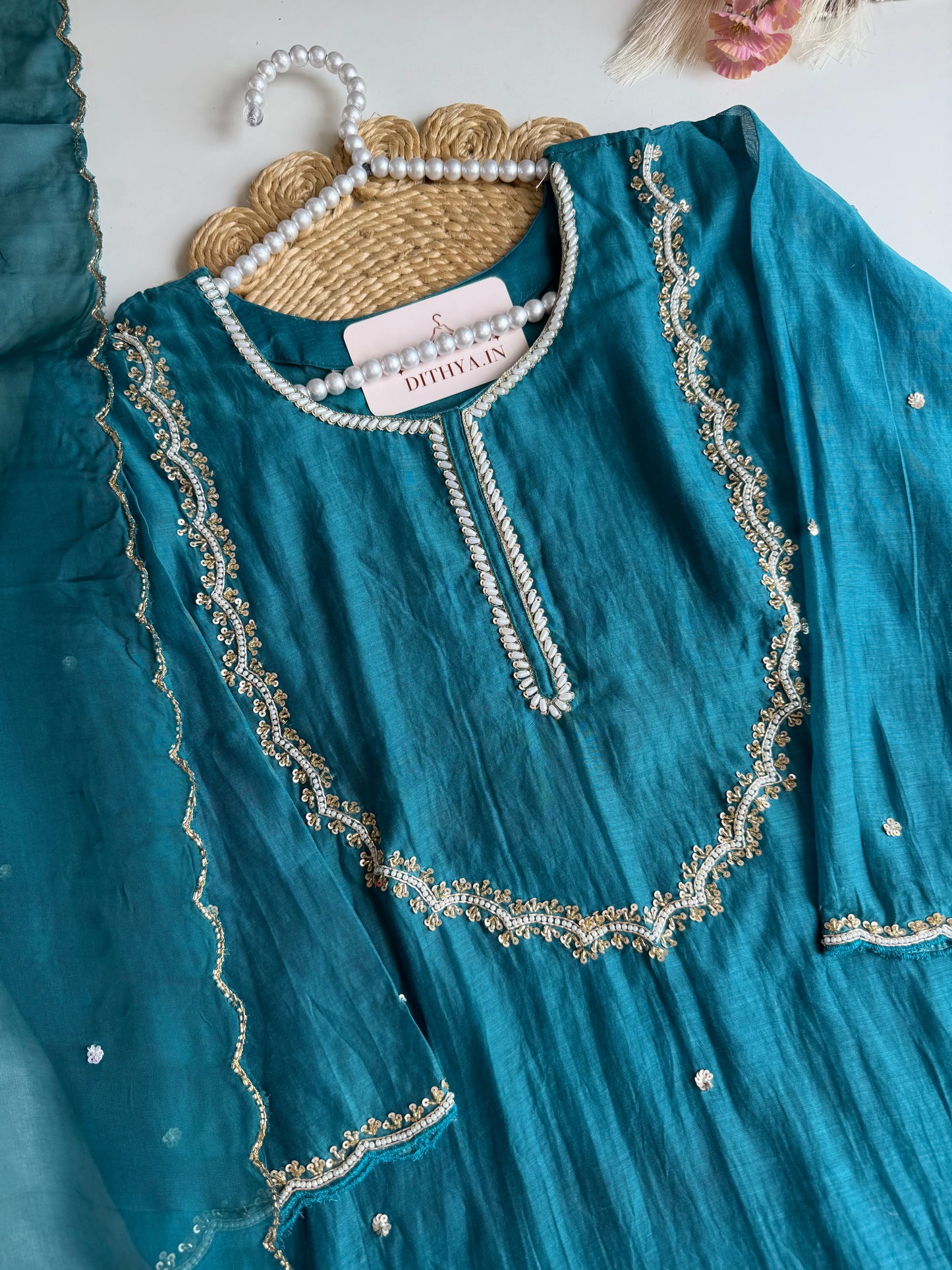 K506 - Mul chanderi handwork aline Kurti with pants and dupatta