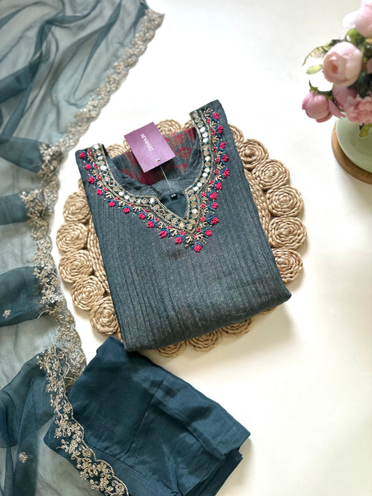 K048 - Crush Tissue Silk Handwork straight kurti with pants and dupatta