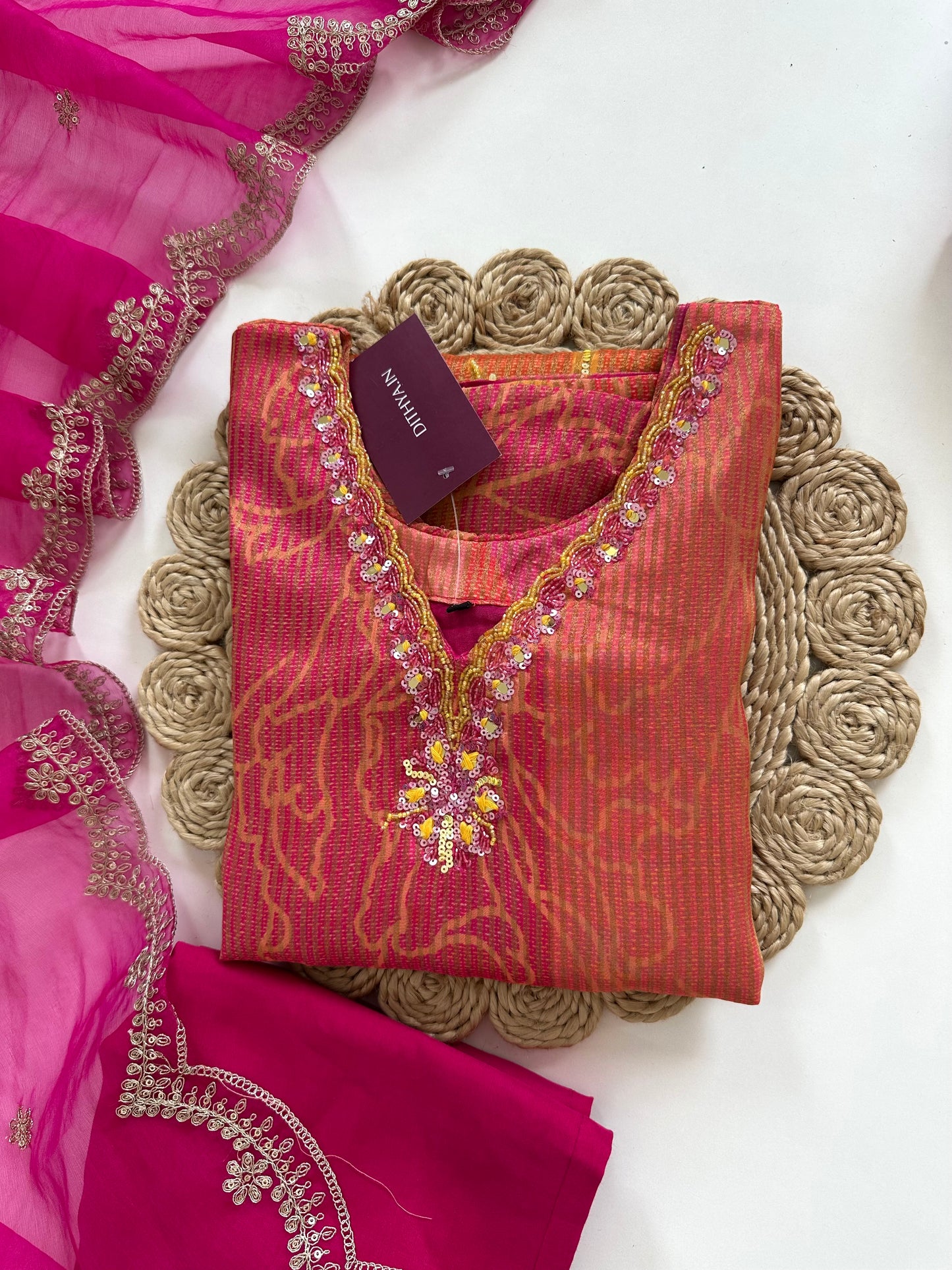 K221 - Tissue silk self weaving handwork straight Kurti with pants and dupatta in 2 prints
