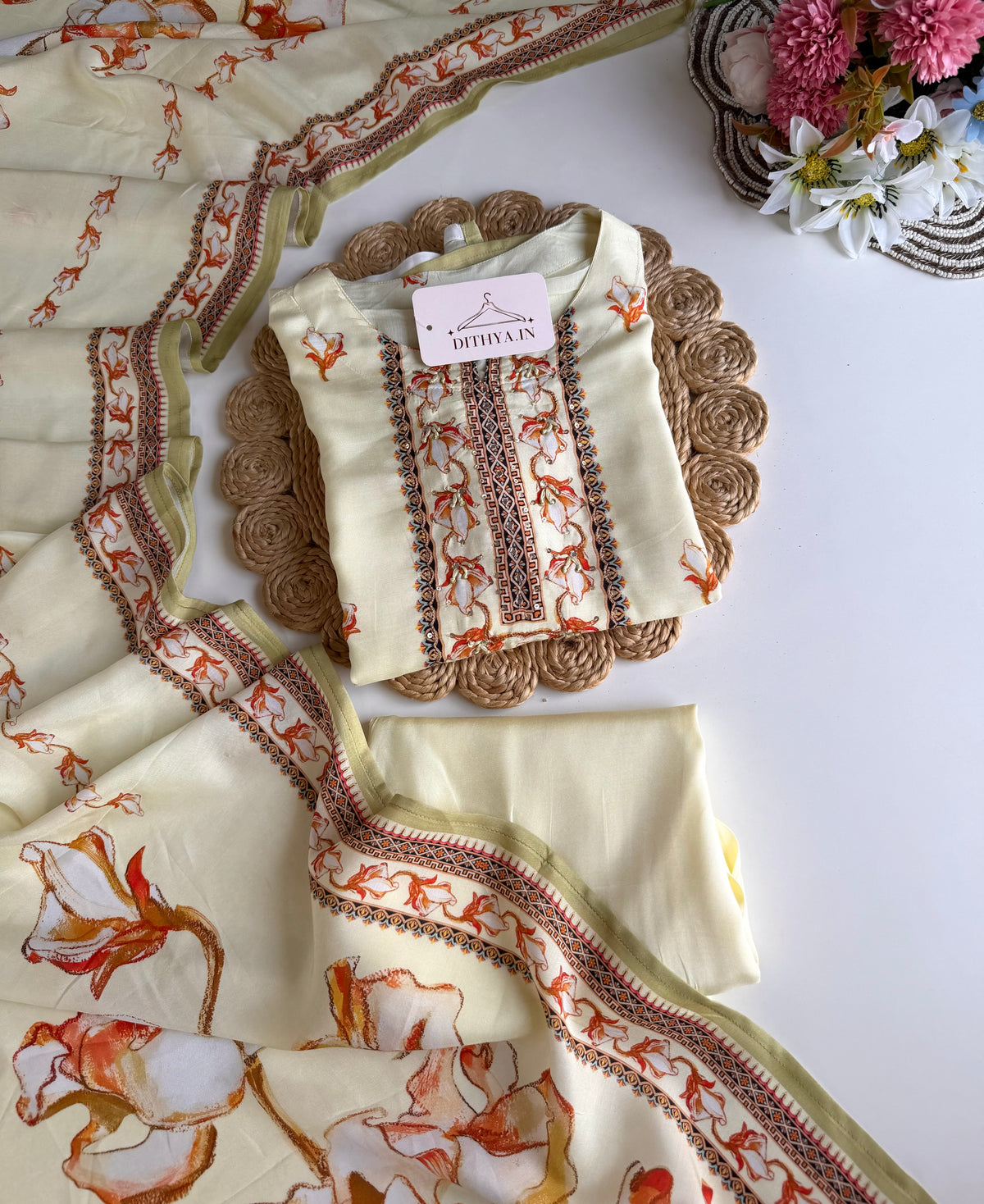 K554 - Muslin silk handwork straight Kurti with pants and dupatta