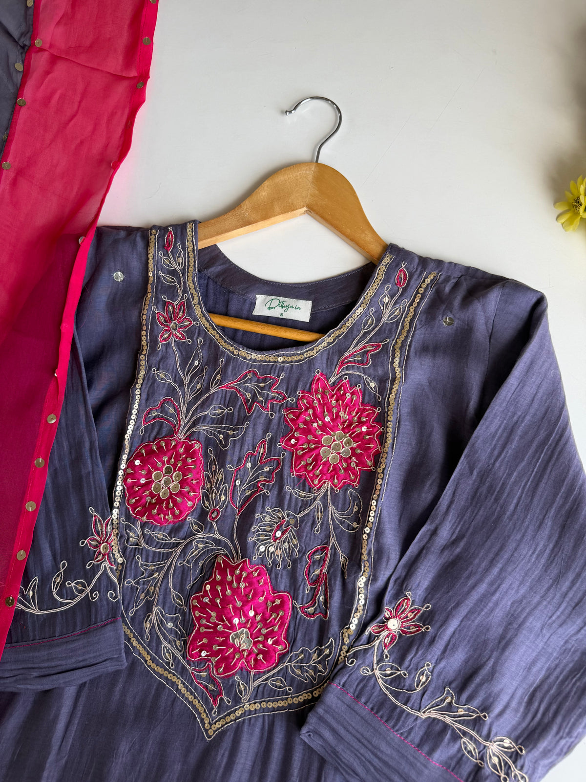 K132 - Pure Banarasi Mul chanderi handwork aline Kurti with pants and dupatta