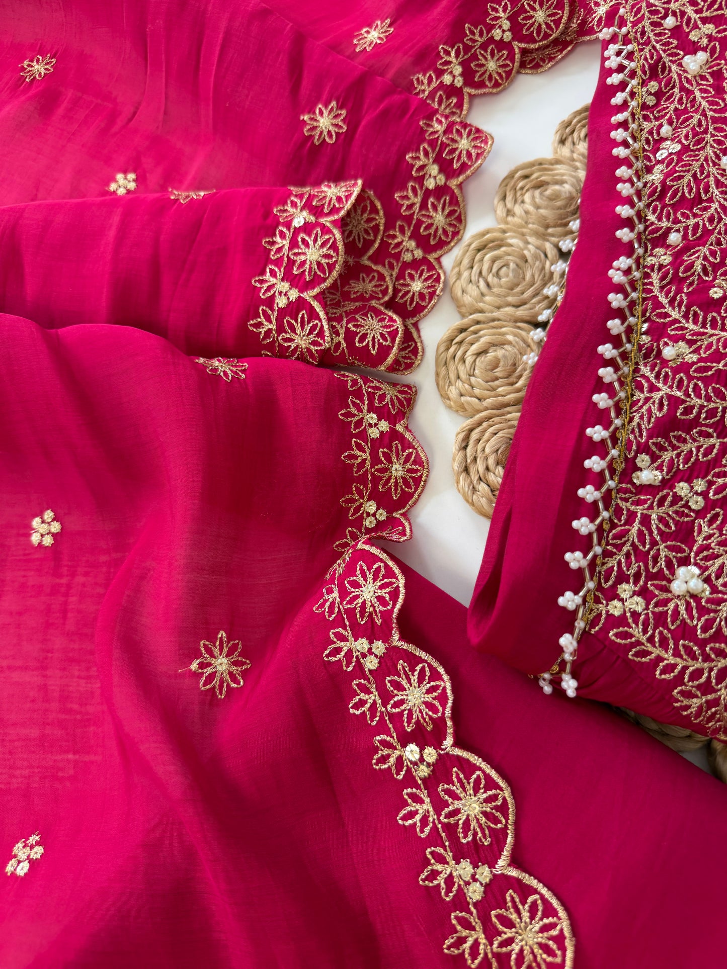 K535 - Mul chanderi handwork Aline Kurti with pants and dupatta