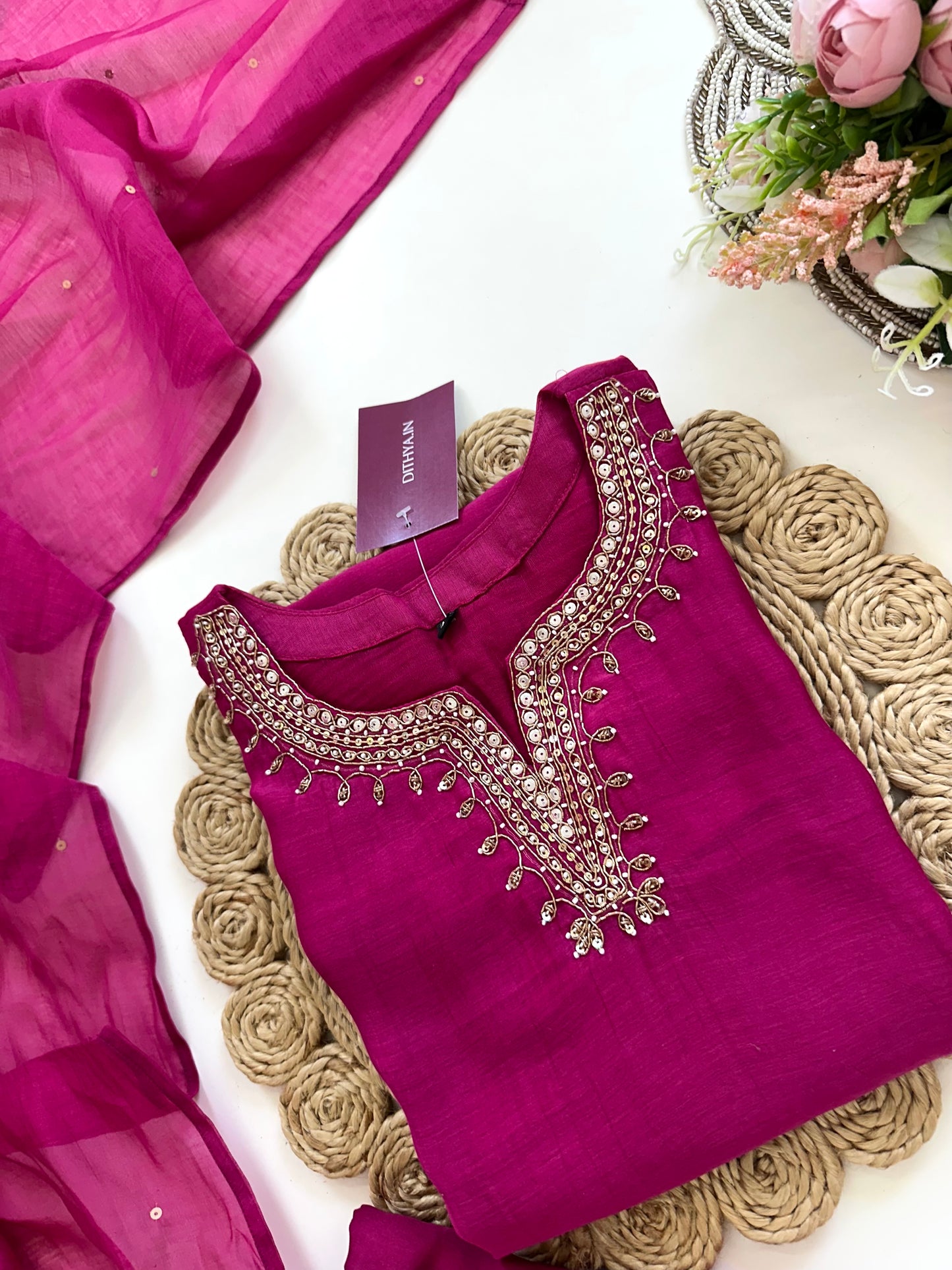 K080 - Mul Chanderi handwork straight kurti with pants and dupatta
