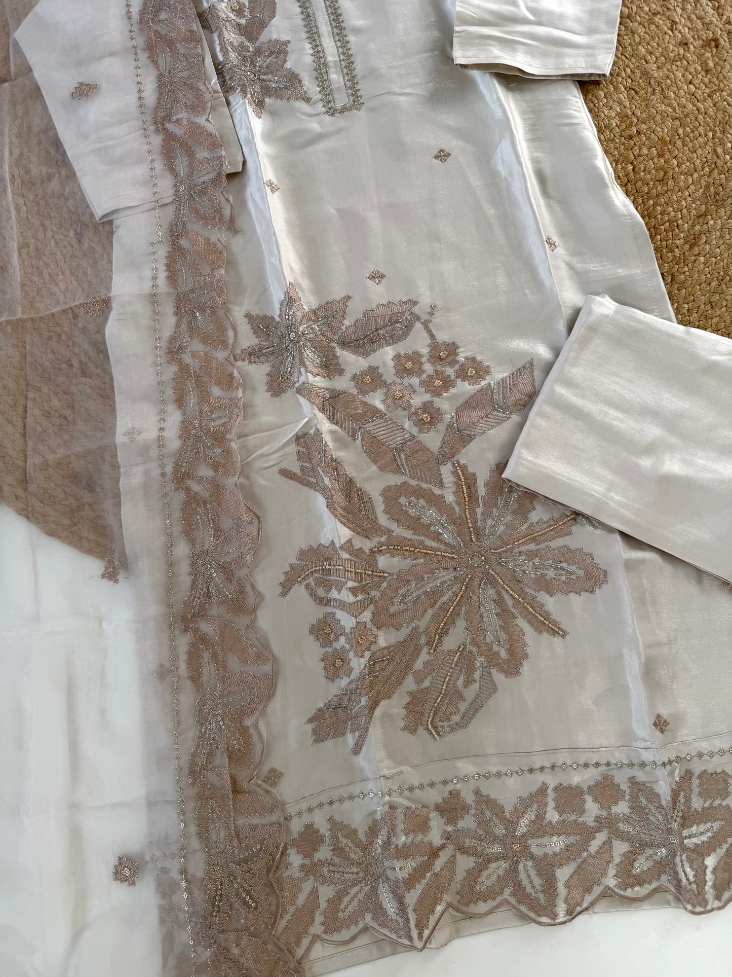 K519 - Shimmer Tissue silk embroidered straight Kurti with pants and dupatta