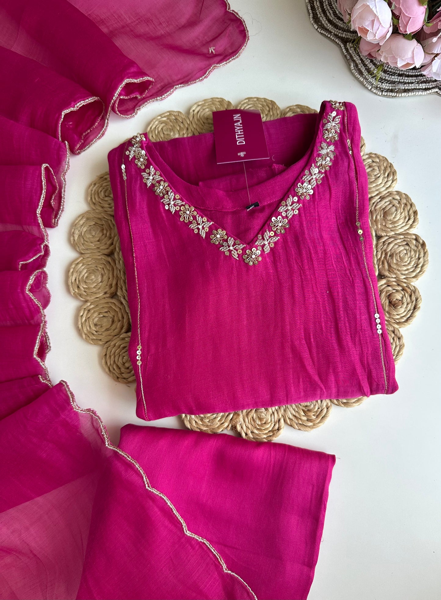 K309 - Mul Chanderi handwork Anarkali with pants and dupatta
