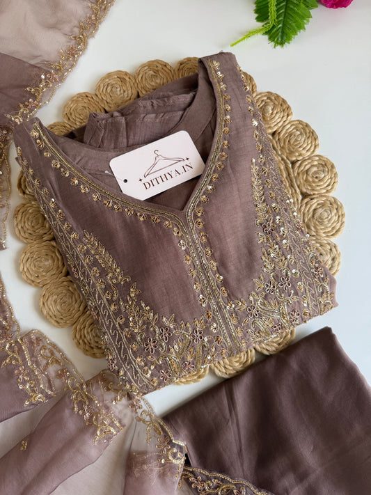 K120 - Mul chanderi handwork Aline Kurti with pants and dupatta