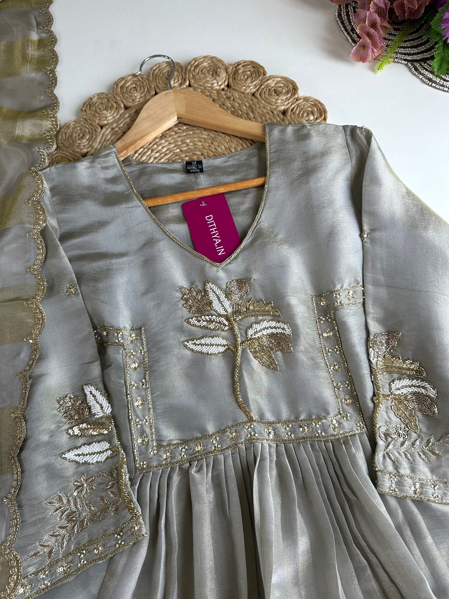 K135 - Tissue silk handwork Anarkali with pants and dupatta