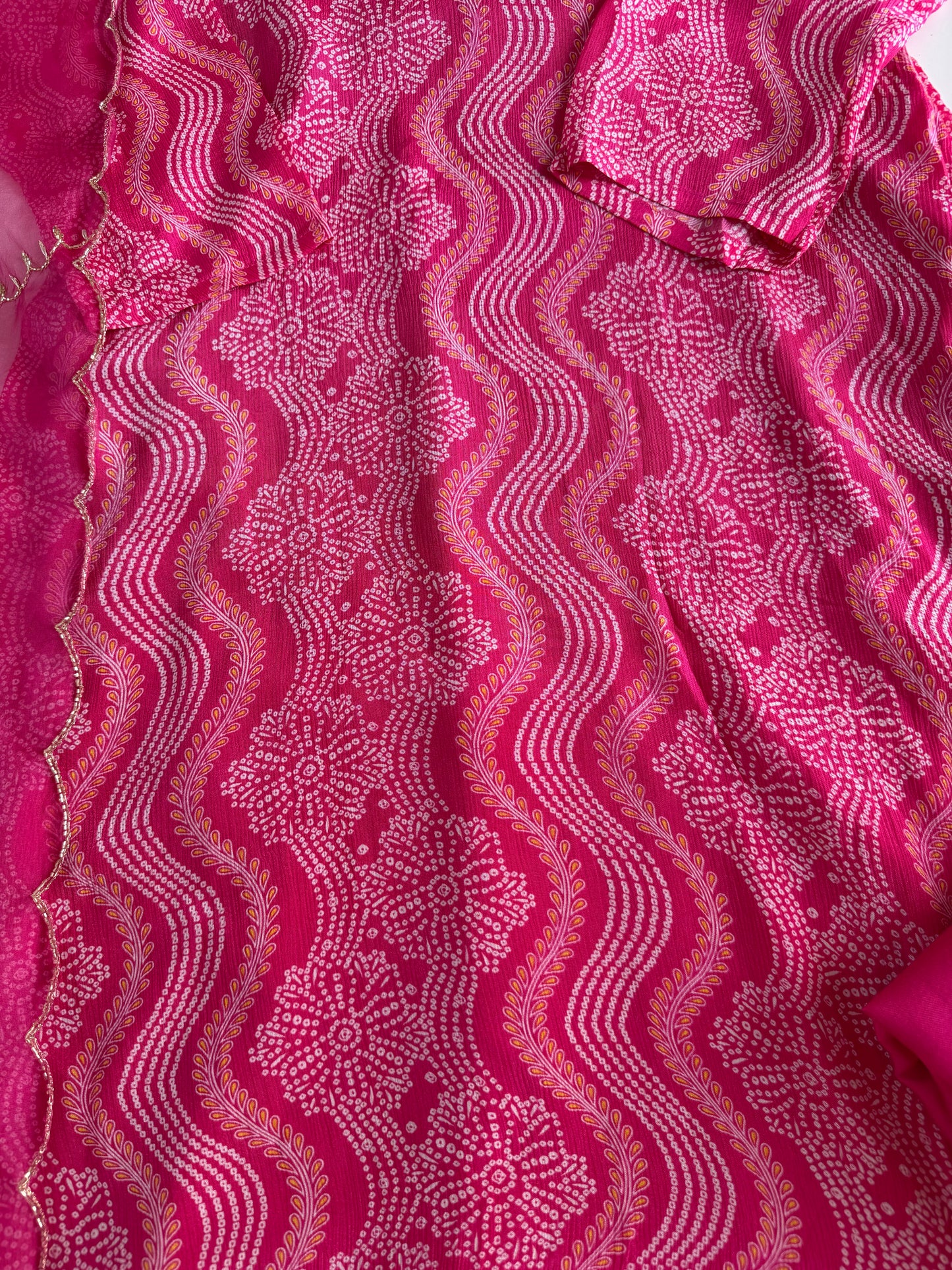 K063 - Pure Chinnon Bandhini handwork aline Kurti with pants and dupatta