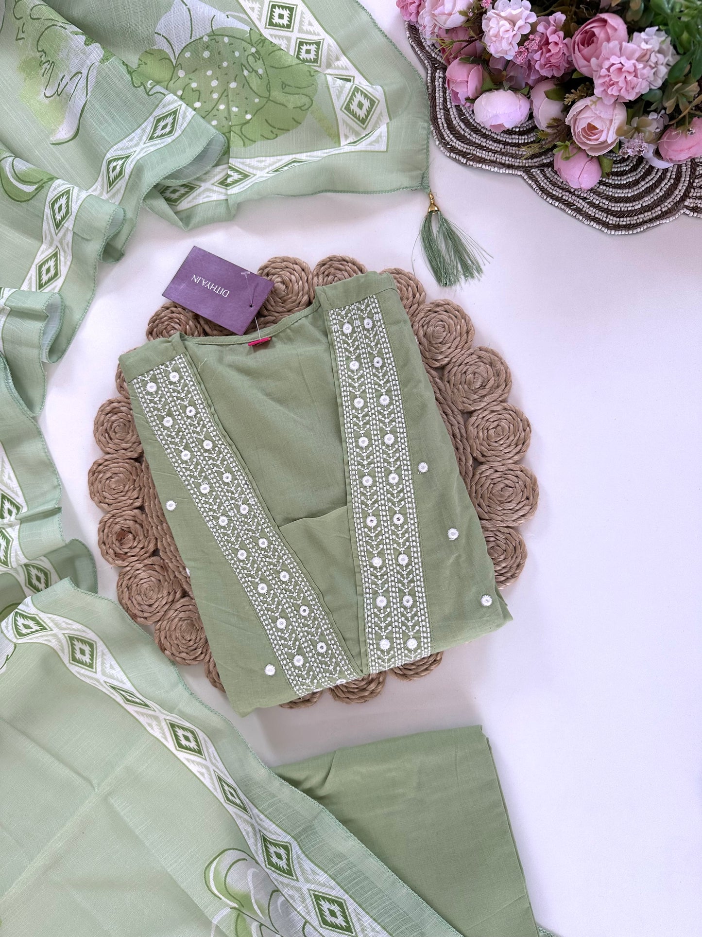 K108 - Cotton embroidered Aline Kurti with pants and dupatta