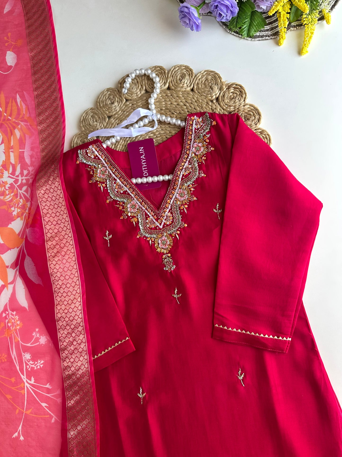 K024 - Roman silk handwork straight Kurti with pants and dupatta in 3 colours