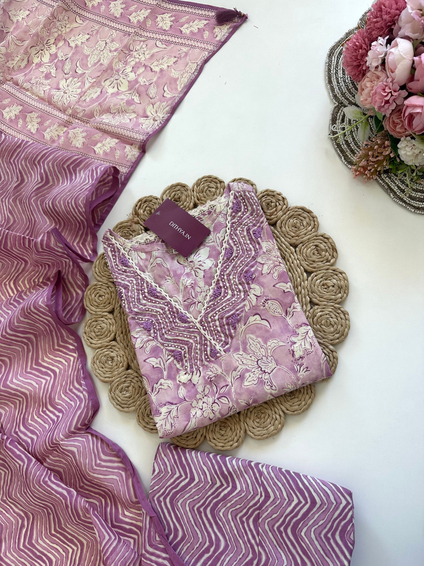 K019 - Cotton straight kurti with pants and dupatta .