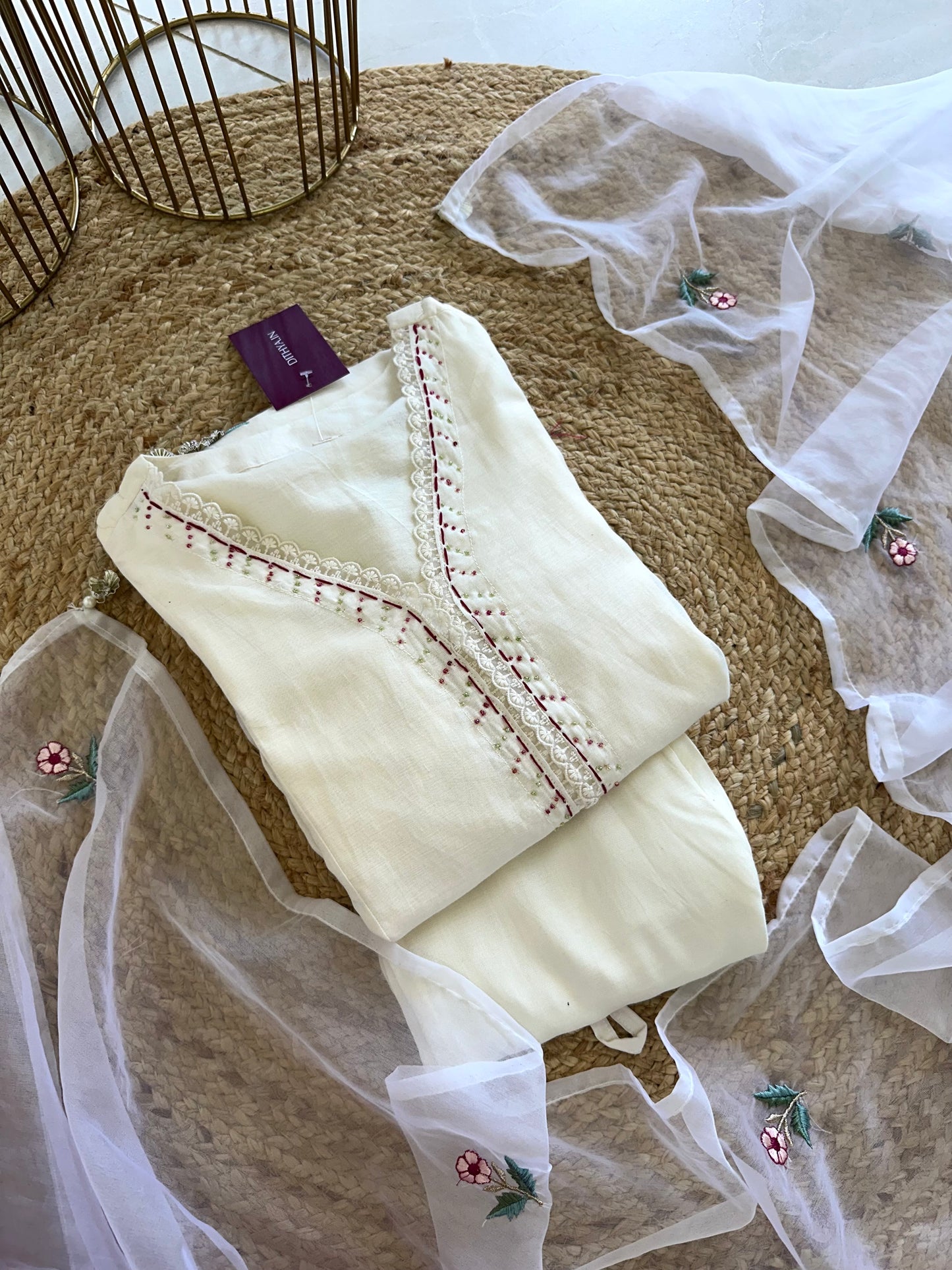K340 - Mulmul chanderi embroidered Aline Kurti with pants and dupatta .